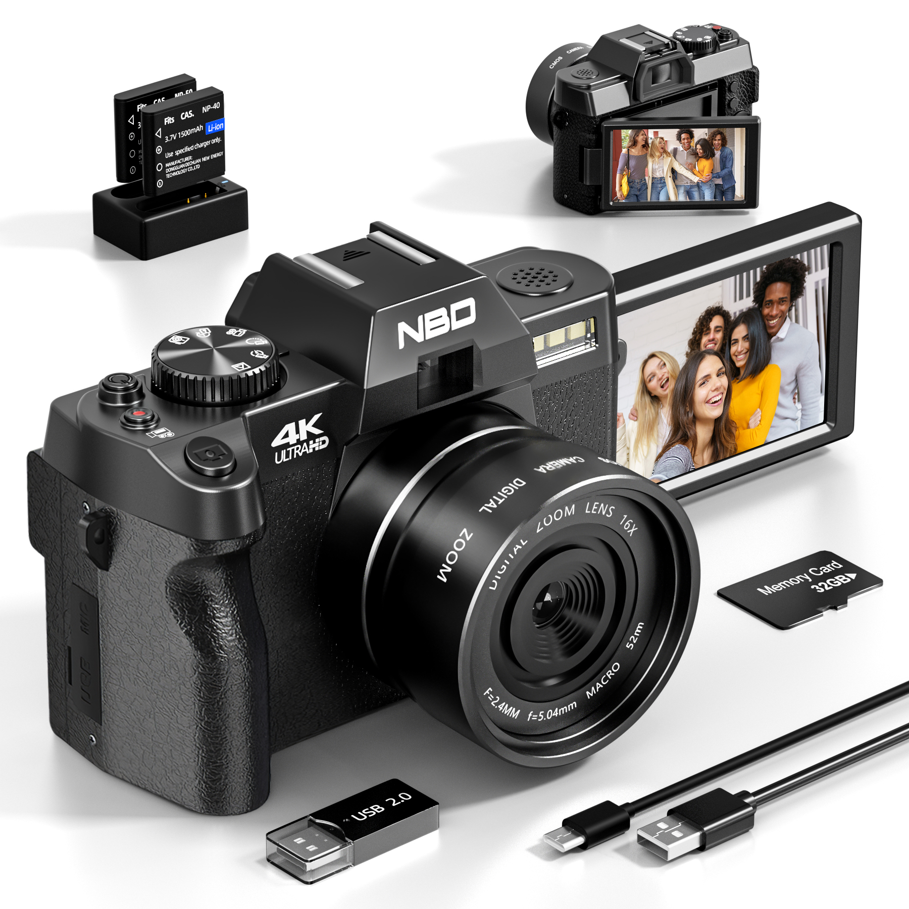 NBD aparat cyfrowy 4K 48MP do fotografii z WiFi i aplikacją sterującą, 4K z autofokusem, aparat do vlogowania na YouTube z 16-krotnym zoomem, stabilizacją obrazu, 2 bateriami, 1 kartą TF – tylko korpus (bez obiektywu)