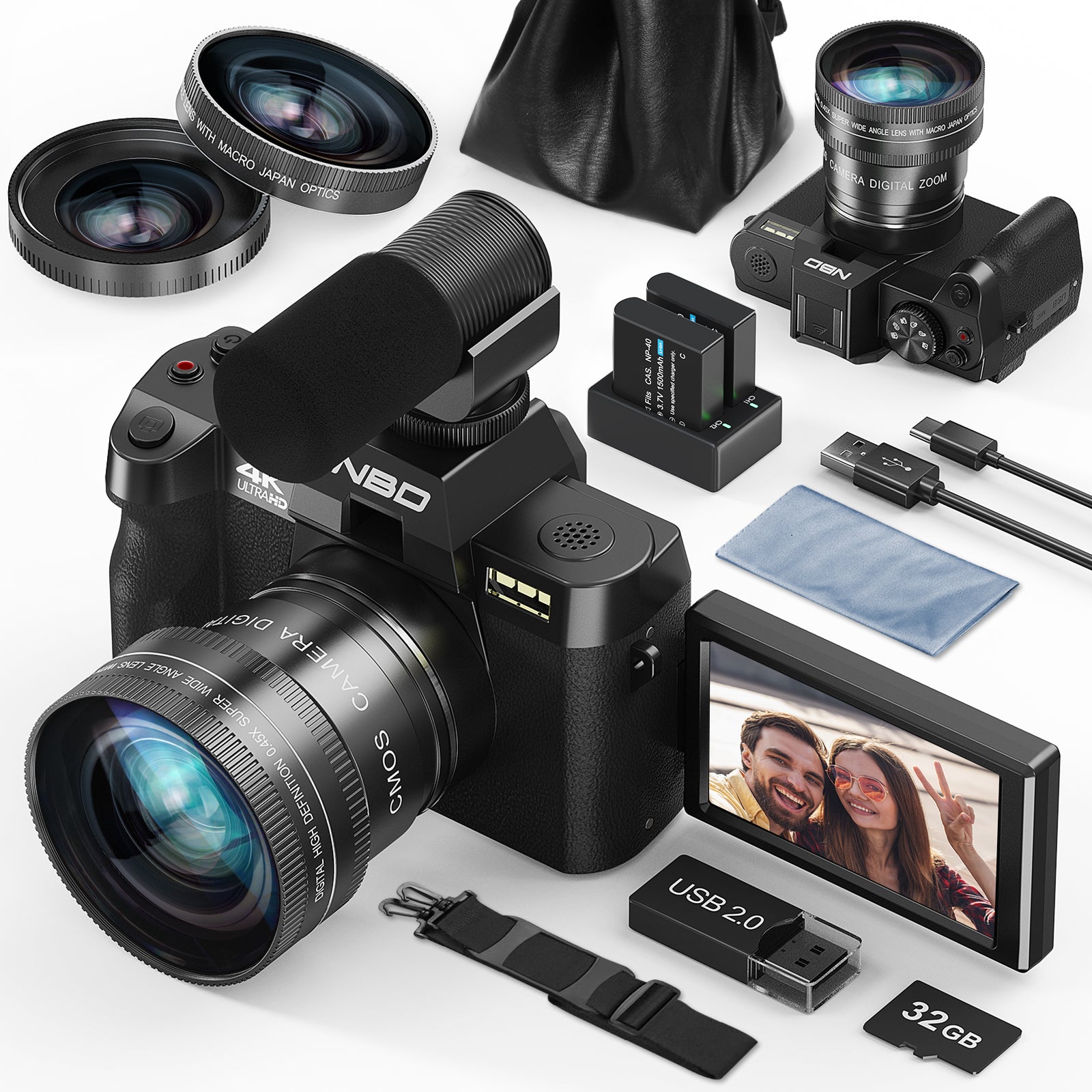 NBD aparat cyfrowy 4K 48MP z obiektywem i mikrofonem, z WiFi i aplikacją sterującą, 4K z autofokusem, aparat do vlogowania na YouTube z 16-krotnym zoomem, stabilizacją obrazu, 2 bateriami, 1 kartą TF