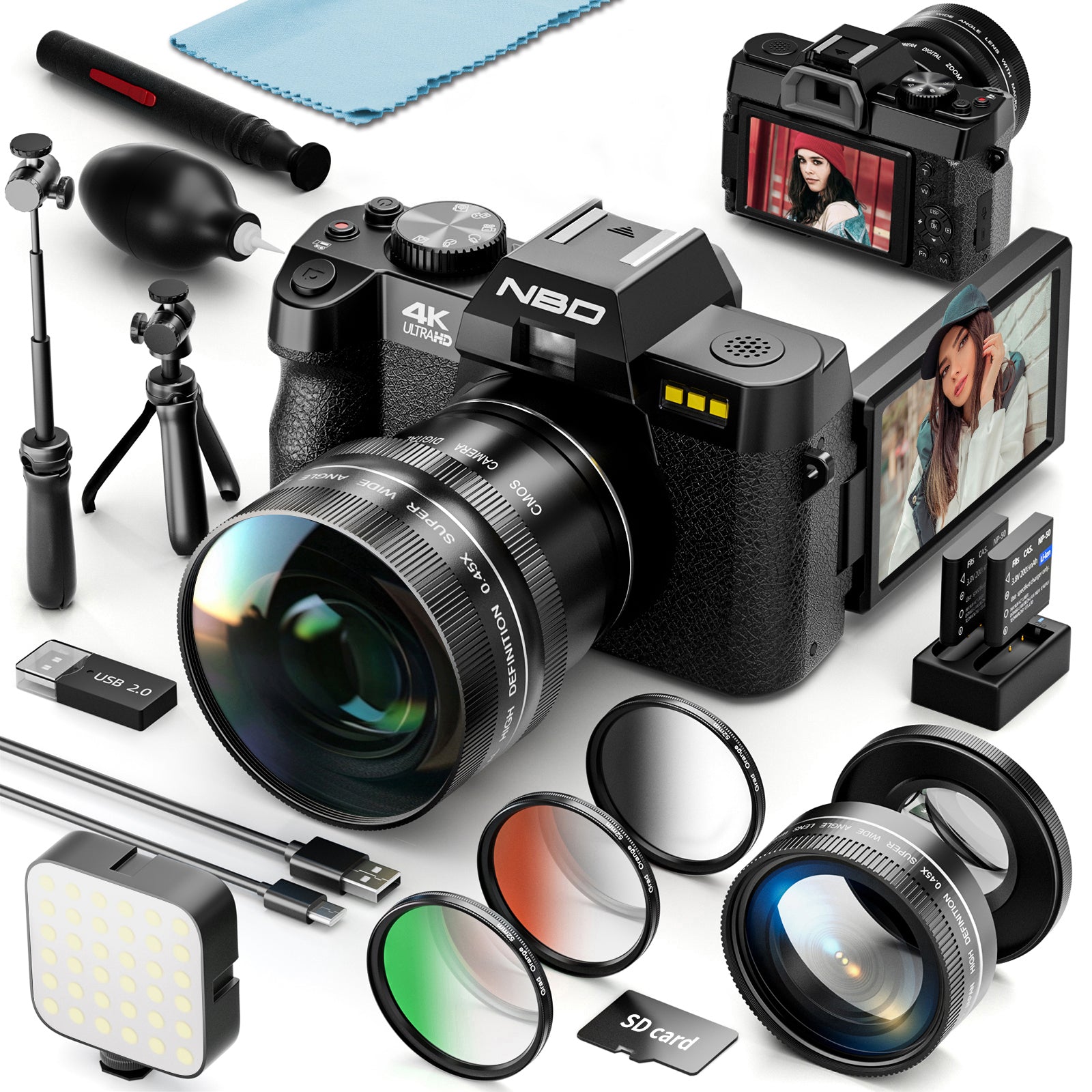 NBD aparat cyfrowy 4K 48MP kompletny zestaw: obiektyw, mikrofon, statyw, 3-kolorowy filtr, lampa błyskowa, WiFi i aplikacja sterująca, stabilizacja obrazu, 2 baterie, 1 karta TF