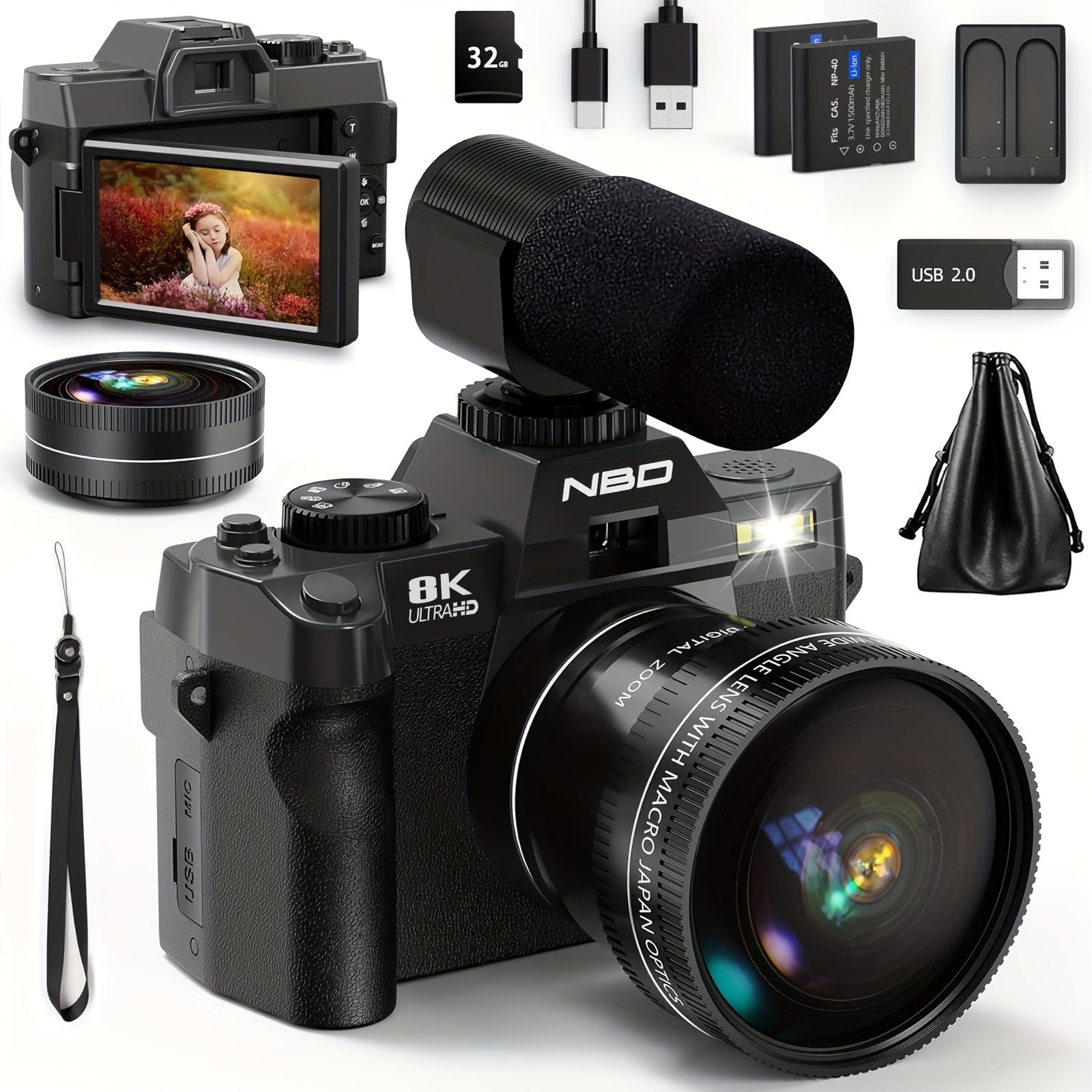 NBD aparat cyfrowy 8K 64MP z obiektywem i mikrofonem, z WiFi i aplikacją sterującą, 8K z autofokusem, aparat do vlogowania na YouTube z 16-krotnym zoomem, stabilizacją obrazu, 2 bateriami, 1 kartą TF