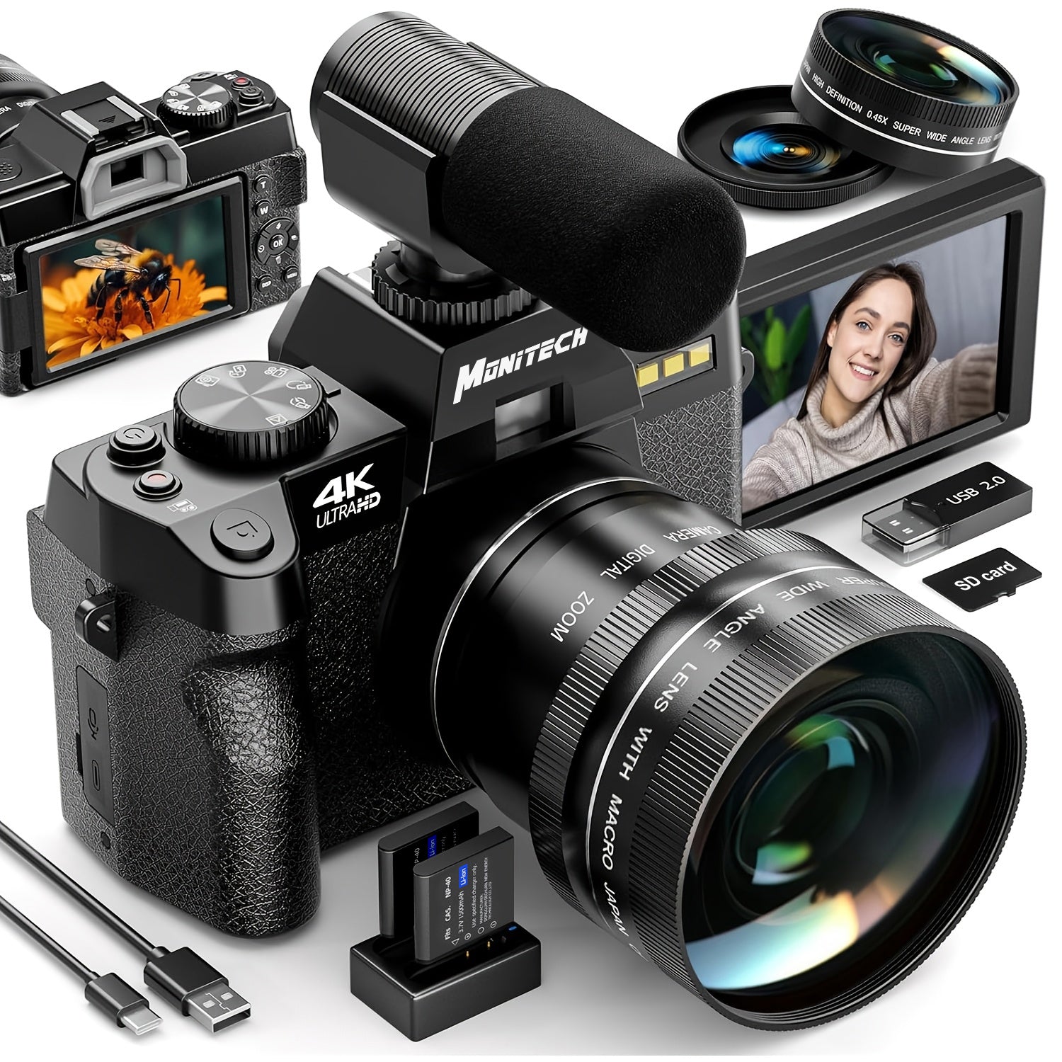 NBD aparat cyfrowy 4K 48MP z obiektywem do fotografii, z WiFi i aplikacją sterującą, 4K z autofokusem, aparat do vlogowania na YouTube z 16-krotnym zoomem, stabilizacją obrazu, 2 bateriami, 1 kartą TF 64GB