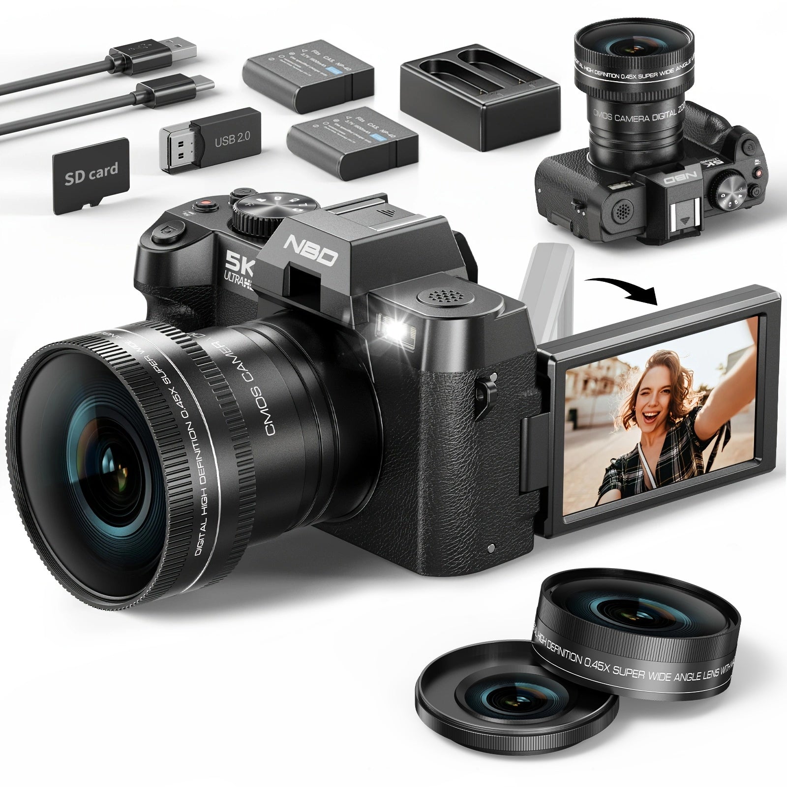 NBD aparat cyfrowy 5K 48MP z obiektywem do fotografii, z WiFi i aplikacją sterującą, 5K z autofokusem, aparat do vlogowania na YouTube z 16-krotnym zoomem, stabilizacją obrazu, 2 bateriami, 1 kartą TF 64GB