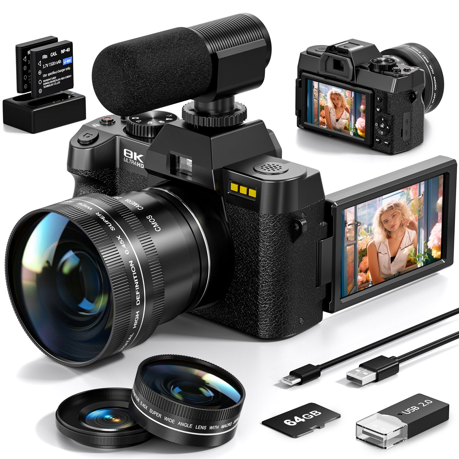 NBD aparat cyfrowy 8K 64MP z obiektywem i mikrofonem, z WiFi i aplikacją sterującą, 8K z autofokusem, aparat do vlogowania na YouTube z 16-krotnym zoomem, stabilizacją obrazu, 2 bateriami, 1 kartą TF 64GB