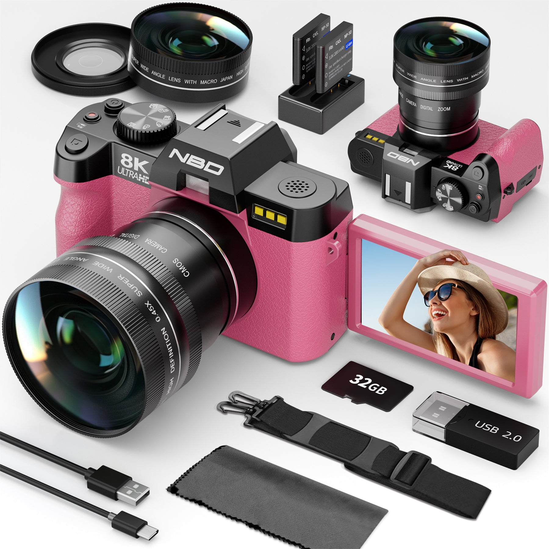 NBD aparat cyfrowy 8K 64MP z obiektywem do fotografii, z WiFi i aplikacją sterującą, 8K z autofokusem, aparat do vlogowania na YouTube z 16-krotnym zoomem, stabilizacją obrazu, 2 bateriami, 1 kartą TF (kolor różowy)