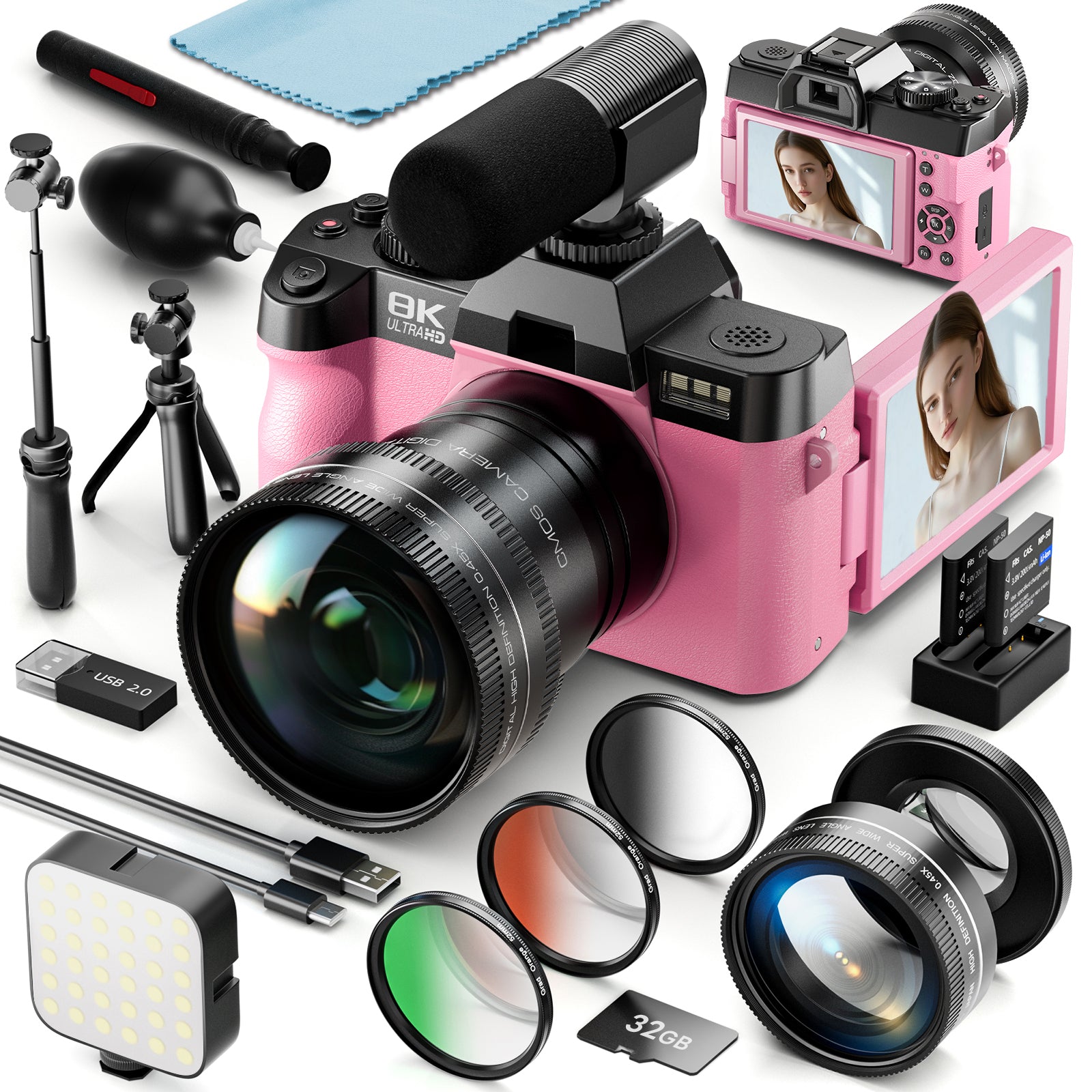 NBD aparat cyfrowy 8K 64MP – pełny zestaw w składzie: obiektyw, mikrofon, statyw, filtr 3-kolorowy, lampa błyskowa, WiFi i aplikacja sterująca, stabilizacja obrazu, dwie baterie, karta TF 64GB (zestaw kompleksowy)