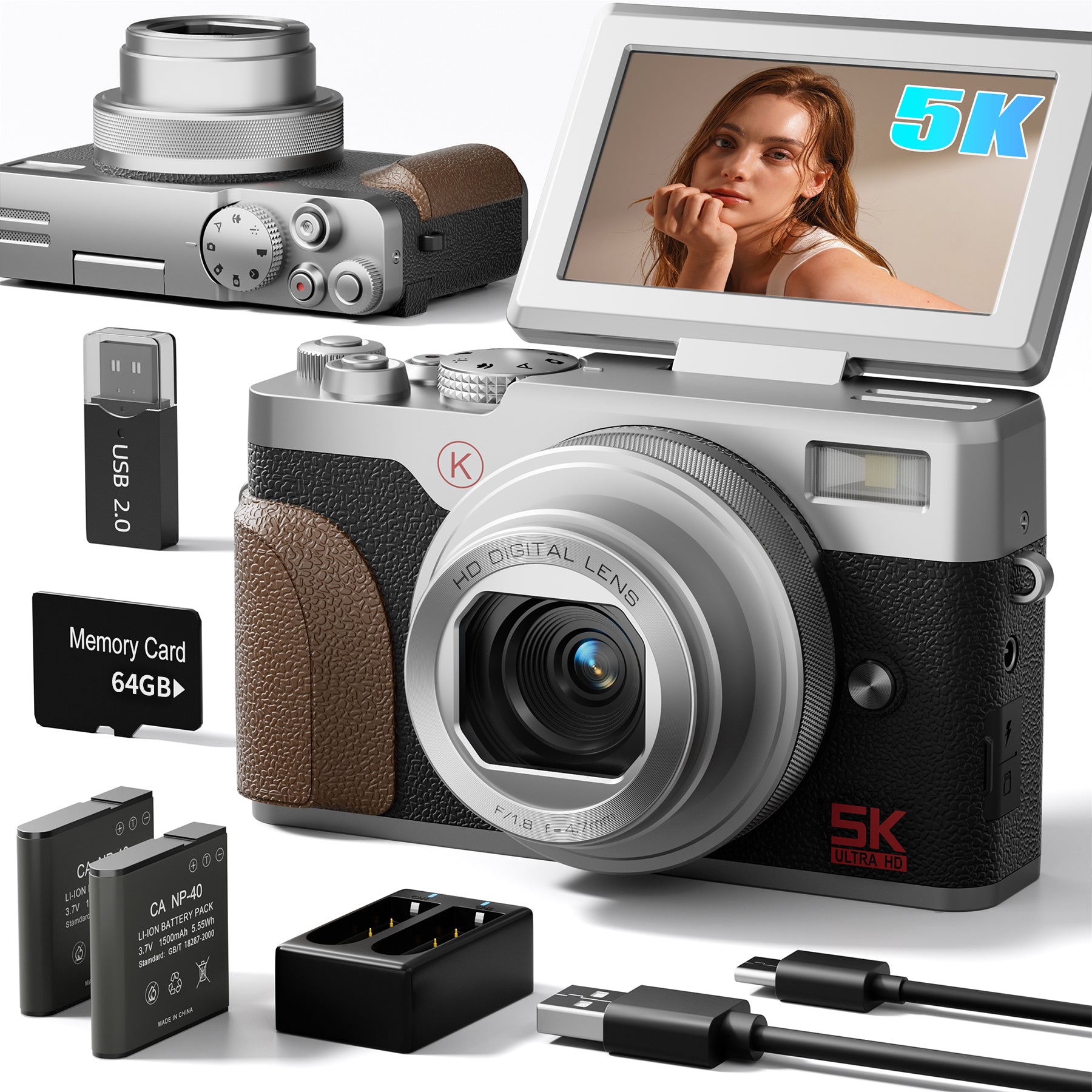 NBD 5K aparat cyfrowy 64MP, autofokus + obracany o 180° ekran, kompaktowy do vlogowania, 18× zoom, 2 baterie, karta 64GB w zestawie – świetny wybór dla debiutantów na YouTube
