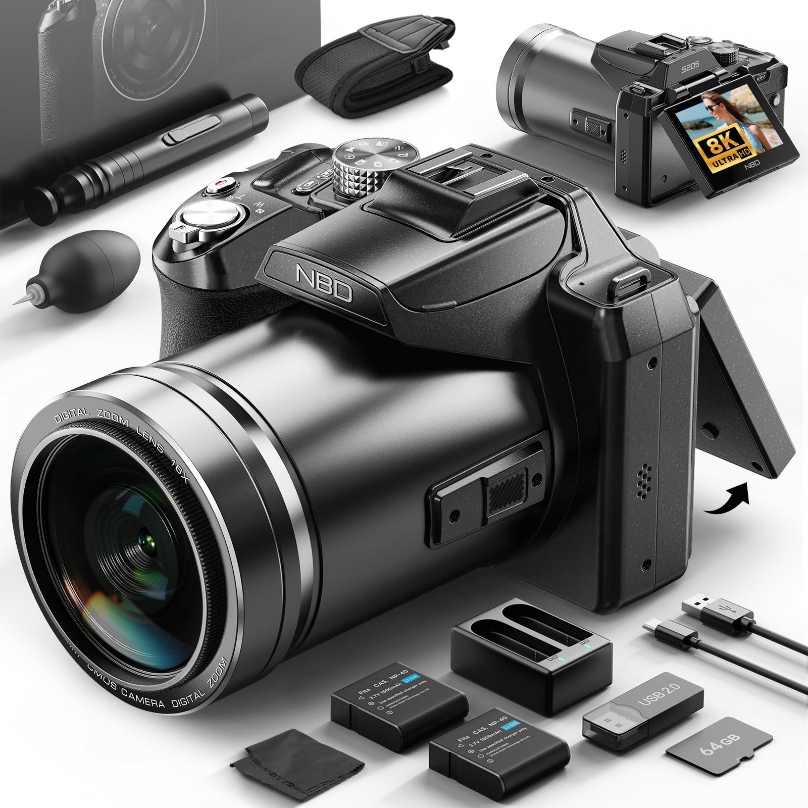 NBD 8K cyfrowy aparat 64MP UHD, aparat do vlogowania z autofokusem z 180° obracanym ekranem i WiFi, kompaktowy aparat z 16-krotnym zoomem z nocnym widzeniem 1.8, gorącą stopką, kartą TF 64GB i 2 bateriami