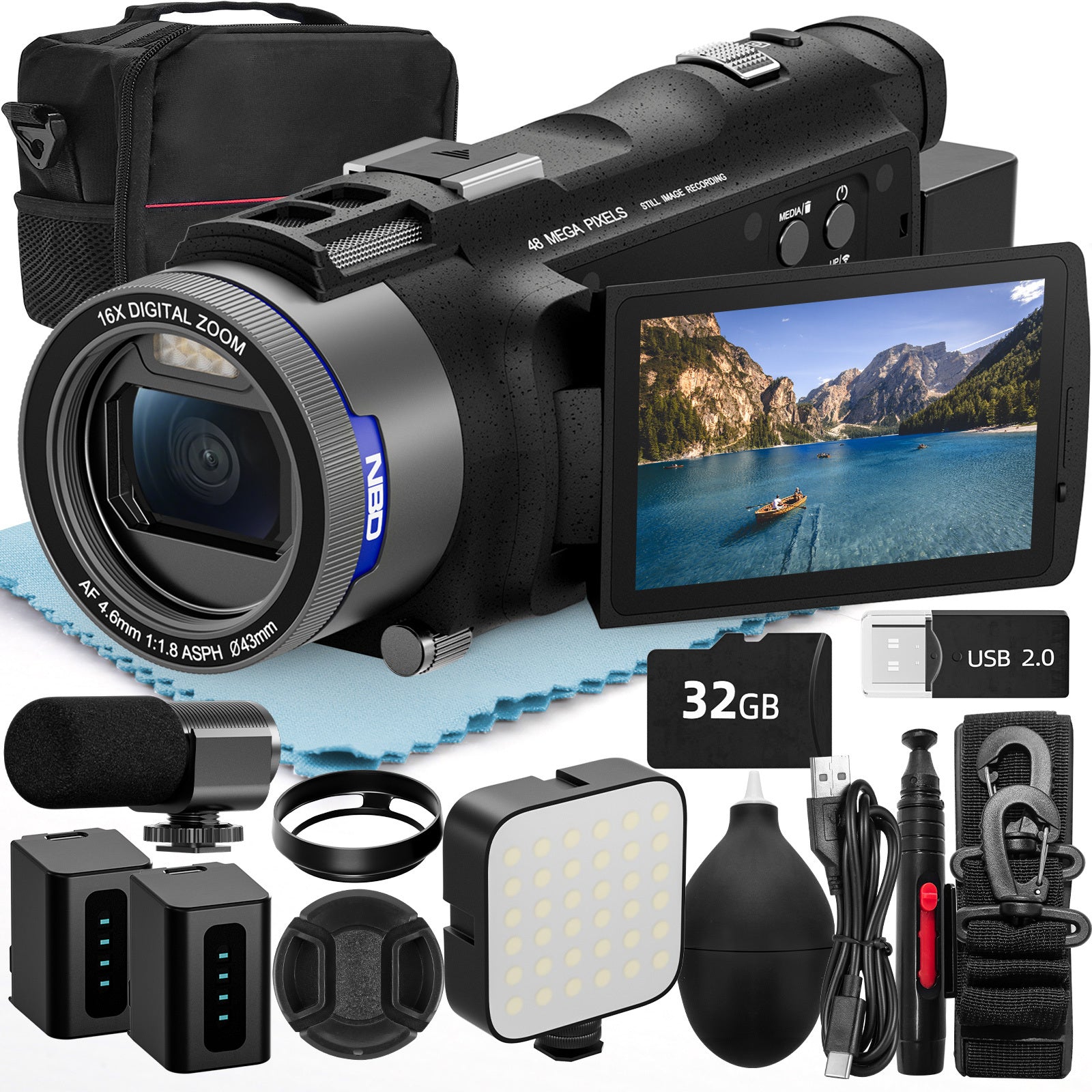 NBD kamera wideo 5K 48MP – bateria wystarcza na 180 minut, zoom 16×, przysłona F1.8, autofokus, obracany ekran 3.0″ (270°). Sprawdzi się jako kamera internetowa do streamowania, na wydarzenia rodzinne i vlogi podróżnicze. W zestawie karta TF 64GB.