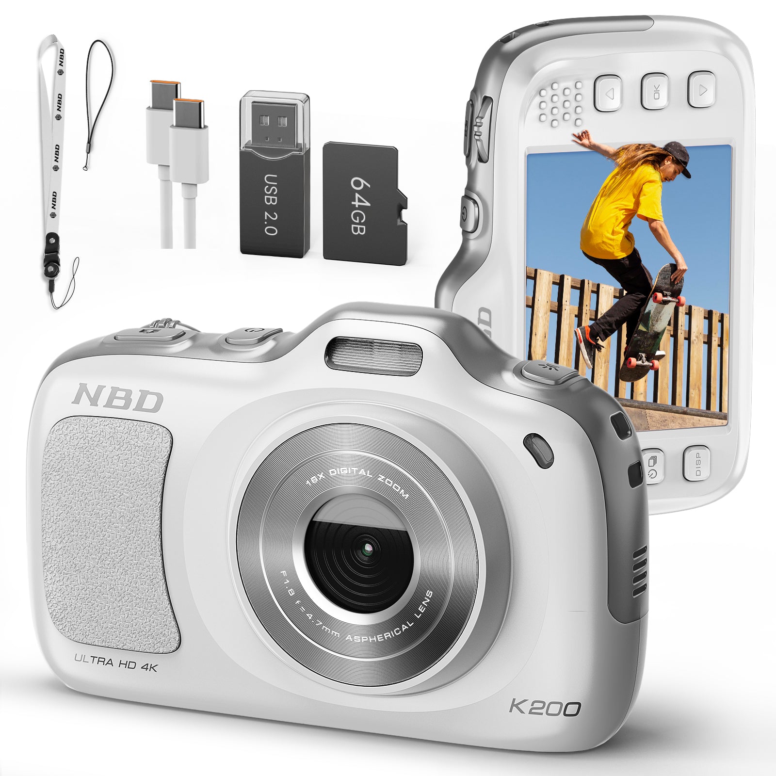NBD aparat cyfrowy 64MP, możliwość nagrywania vlogów w 4K, 16× zoom z AF, wyświetlacz IPS 2.8″, 16 filtrów, 8 trybów. W zestawie karta TF 64GB.