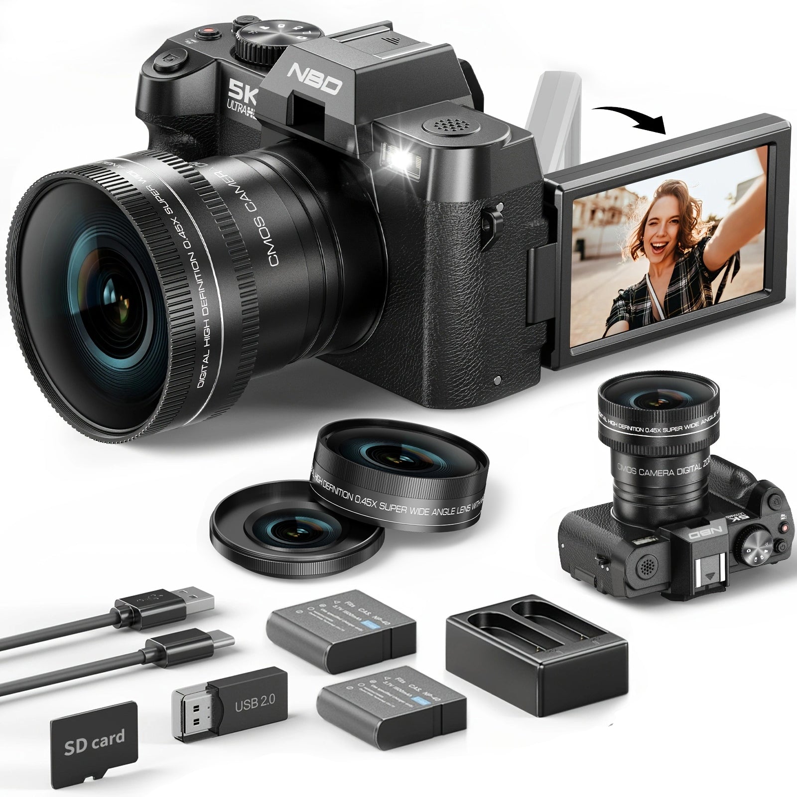 NBD aparat cyfrowy 5K 48MP z obiektywem, WiFi i aplikacją, autofokus 5K, 16× zoom, stabilizacja obrazu – idealny do vlogowania na YouTube. W zestawie 2 baterie i karta TF.