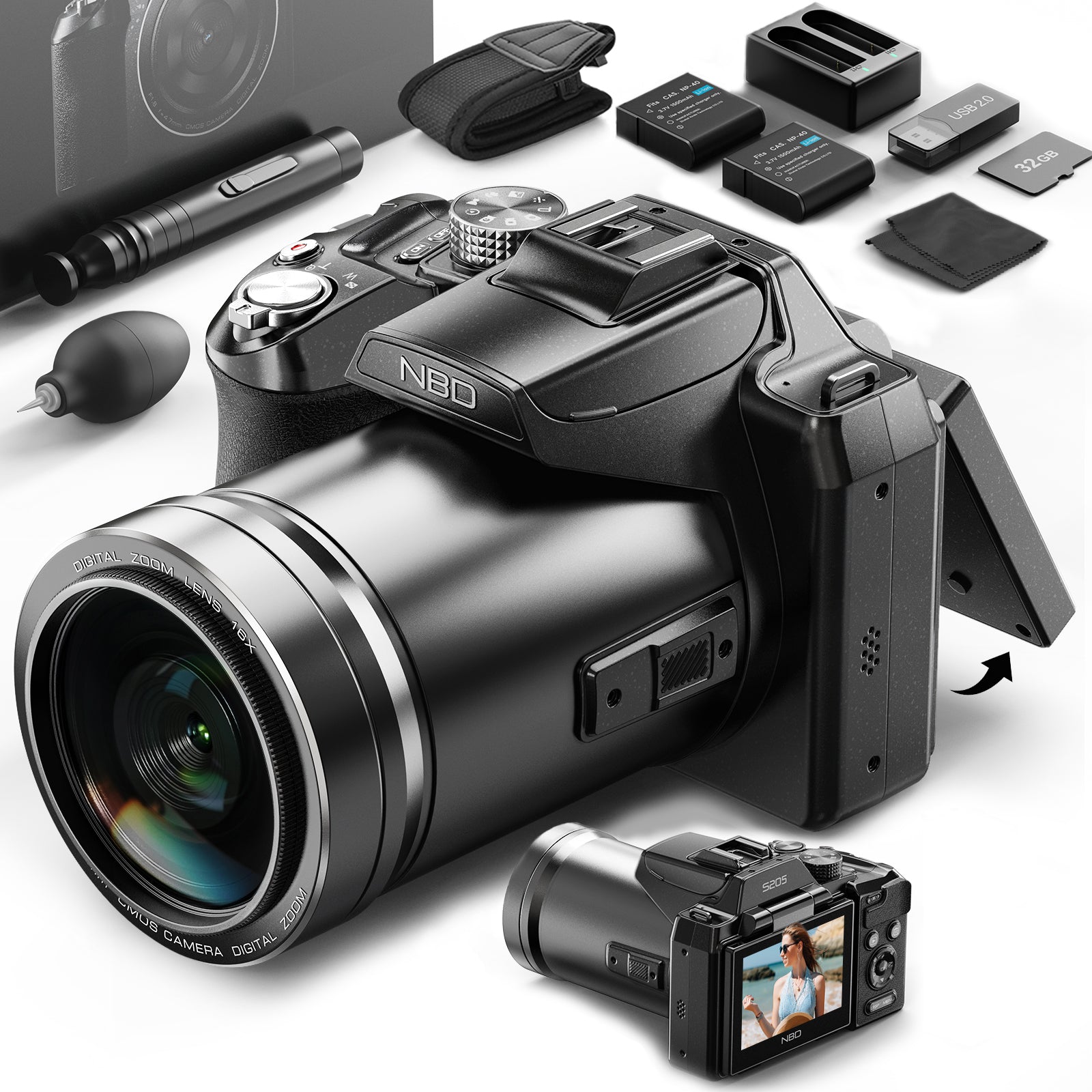 NBD 5K cyfrowy aparat 48MP UHD z 180° obracanym ekranem i WiFi, przeznaczony do vlogowania. Kompaktowy model z 16× zoomem, nocnym widzeniem 1.8, gorącą stopką. W zestawie karta TF 32GB + 2 baterie.