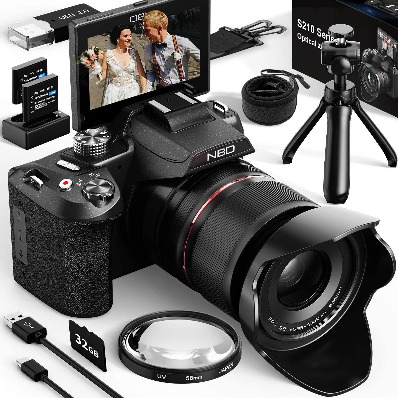 NBD 8K aparat cyfrowy 64MP UHD, 16× zoom optyczny, sterowanie przez aplikację Wi-Fi, autofokus, stabilizacja obrazu, obracany o 180° ekran. Przeznaczony do YouTube i fotografii – w zestawie karta TF 32GB i 2 baterie.
