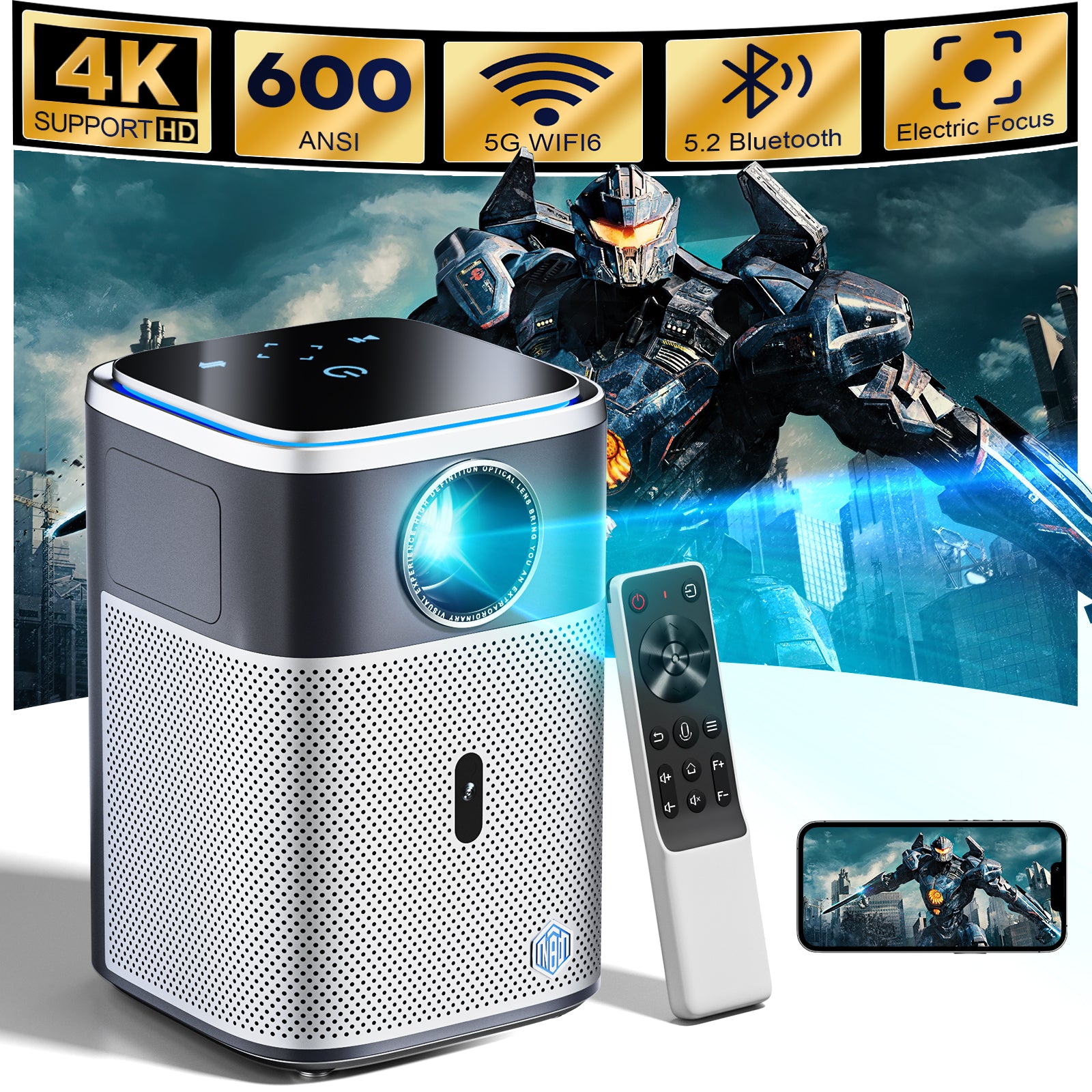 NBD Projector with 5G WiFi and Bluetooth,4K Support 600ANSI Native 1080P Home Theater Projector
