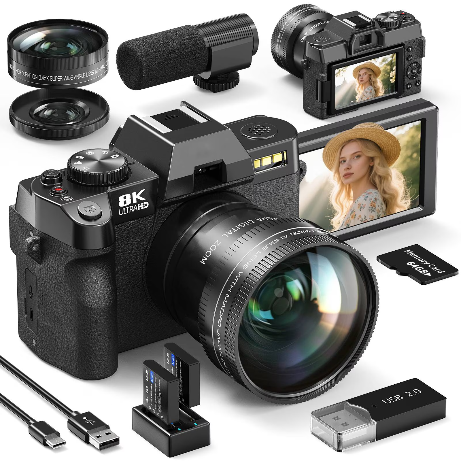 8K 64MP Digital Cameras for Photography with Dual-Lens,180°Flip ScreenPoint and Shoot Digital Cameras with 16X Digital Zoom,Autofocus WiFi Vlogging Camera, 2 Batteries,64GB Card