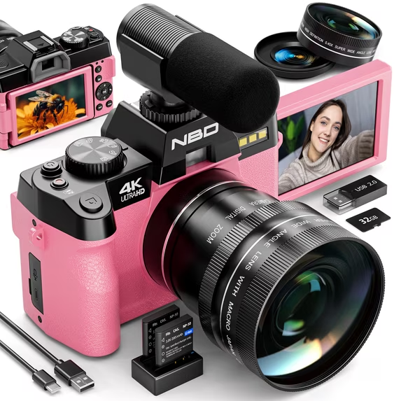 HHD 4K Digital Camera 48MP Photography Vlog Camera, 180° Flip Screen, Wide Macro Lens + External Mic, 16X Digital Zoom, WiFi, 2 Batteries, 32GB TF Card, Carry Bag, Pink
