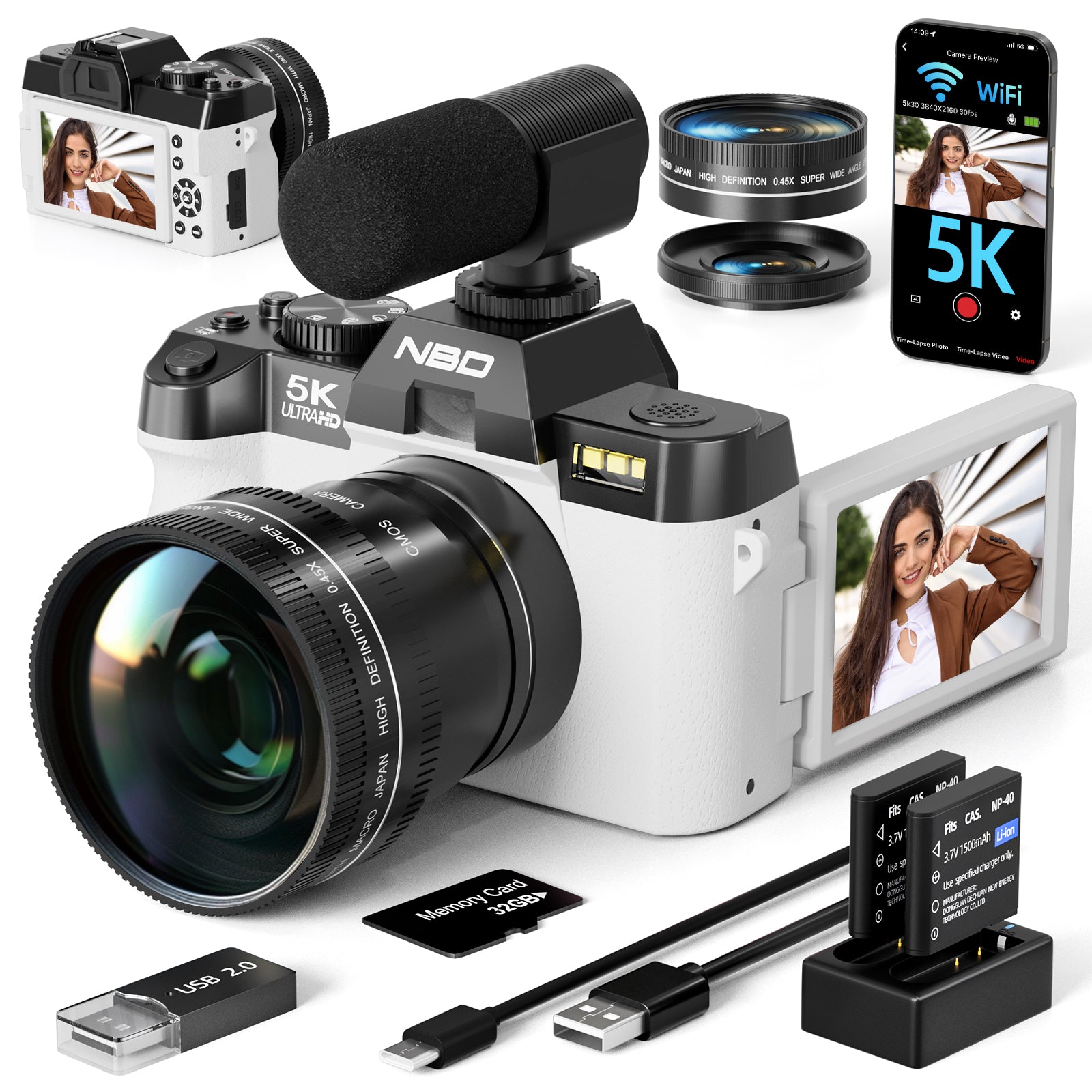 NBD 5K Digital Camera for Photography,48MP Autofocus Vlogging Camera for Youtube with 32GB TF Card,White