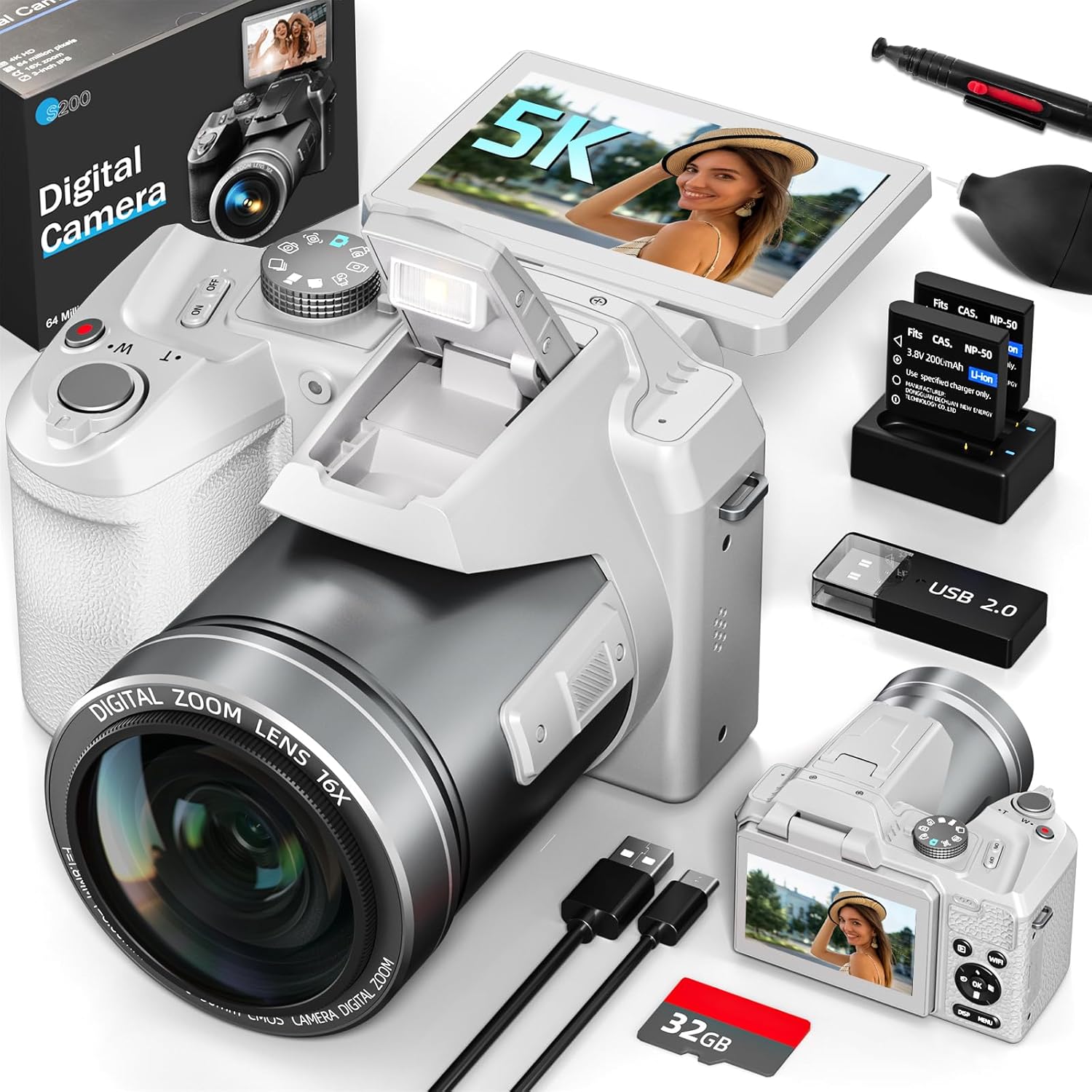 5K Professional Cameras for Photography 64MP - 16X Zoom, WiFi, 3” 180° Flip Screen, Autofocus & Anti-Shake, 32G Card, 2 Batteries, Digital Camera for Vlogging YouTube Live Streaming
