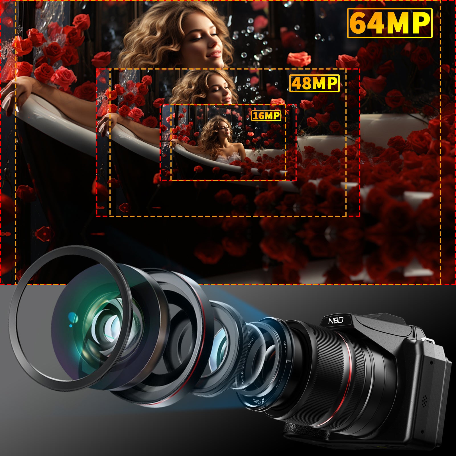 NBD 64MP Digital Cameras for Photography,5K Vlogging Cameras for Youtube,16X Optical Zoom Travel Point and Shoot Digital Cameras Fotograficas with 180°Flip Screen,58mm UV Lens,2 Batteries,32GB Card