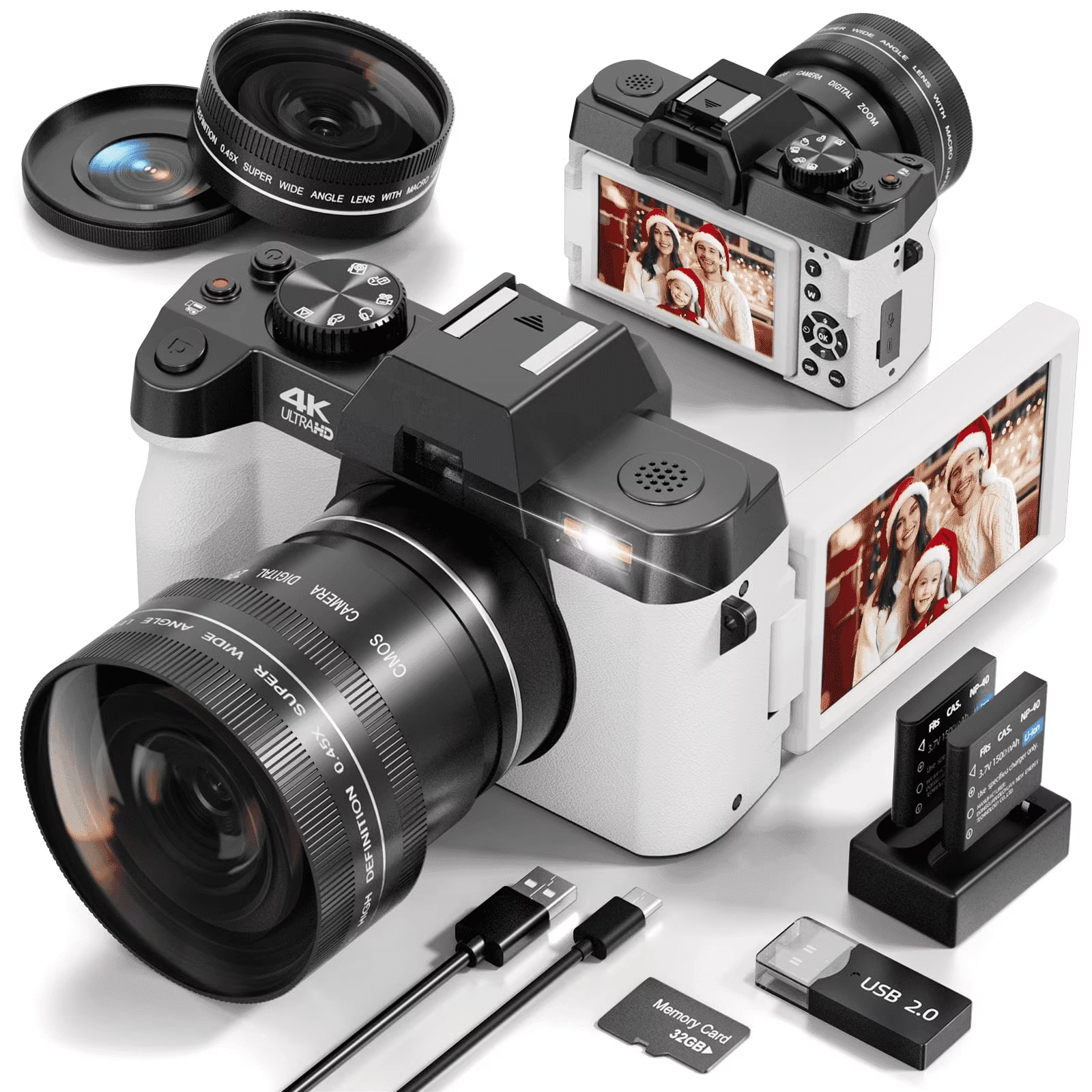 HHD 4K 48MP Vlogging Digital Camera,180° Flip Screen,Auto Focus,16X Zoom,WiFi,32GB TF Card & Full Accessories,White