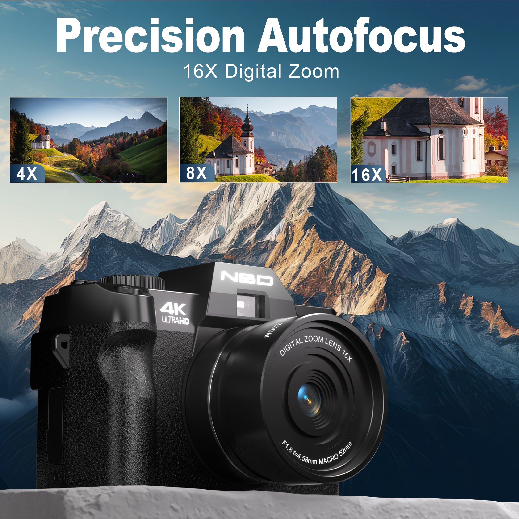 NBD 48MP 4K Digital Camera with 16X Zoom, WiFi App Control, Flip Screen, 2 Batteries & 32GB Card