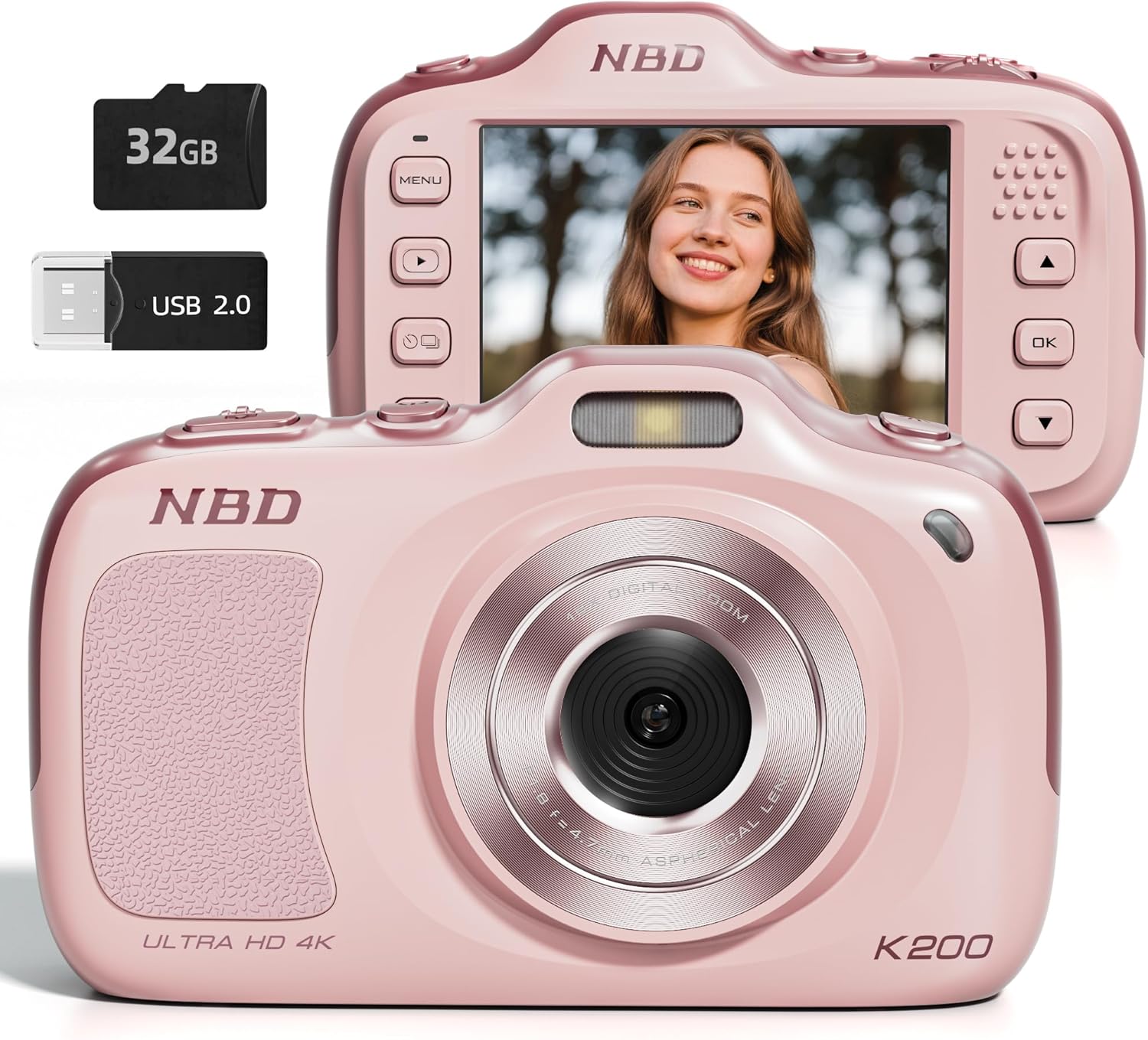 64MP 4K Digital Camera for Photography with Autofocus, 16X Zoom, Compact Design, Includes 32GB SD Card,Pink
