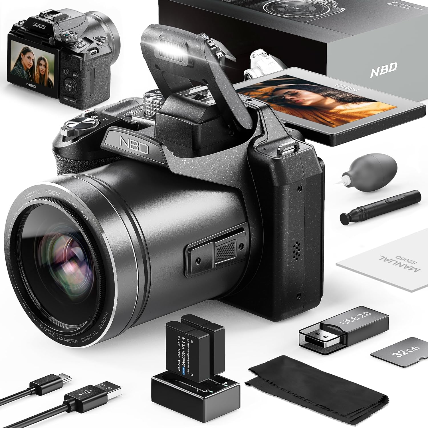 NBD 64MP 5K Autofocus Digital Camera with WiFi and App Control, 16X Zoom, Anti-Shake, and Flash – Compact Vlogging and Travel Camera with SD Card and 2 Batteries