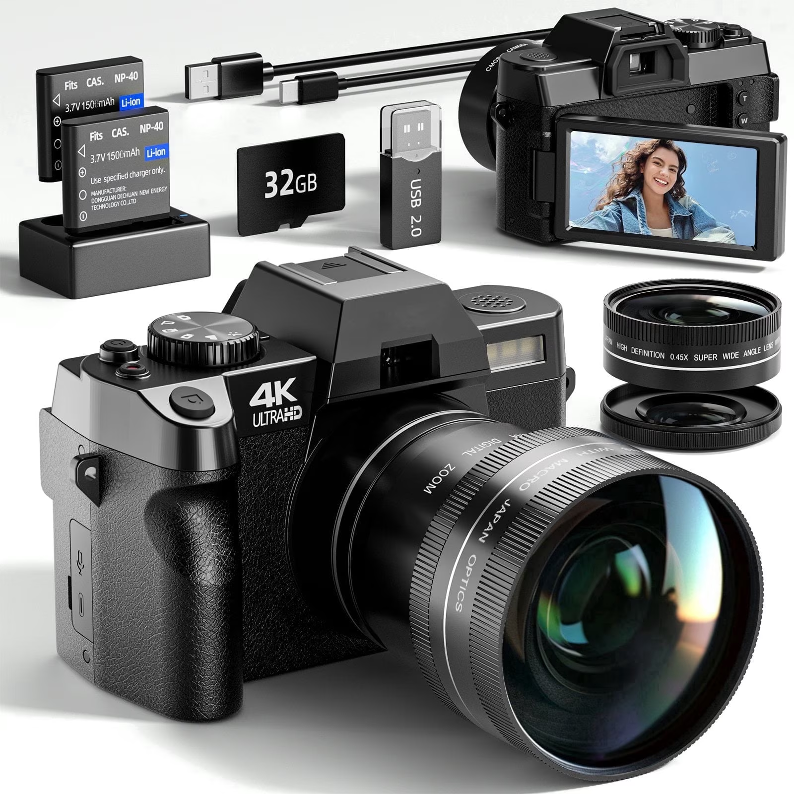 HHD 4K 48MP Digital Vlogging Camera,180° Flip Screen,16X Zoom,WiFi,2 Batteries,32GB TF Card & Full Accessories