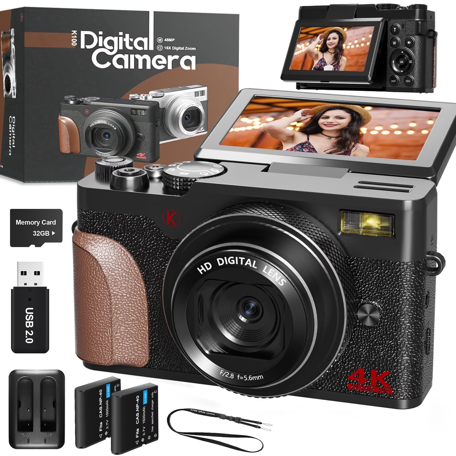 56MP 4K Vlogging Digital Camera,Autofocus,180° Flip Screen,18X Zoom,Anti-Shake & Fill Light,2 Batteries and 32GB SD Card for Content Creators