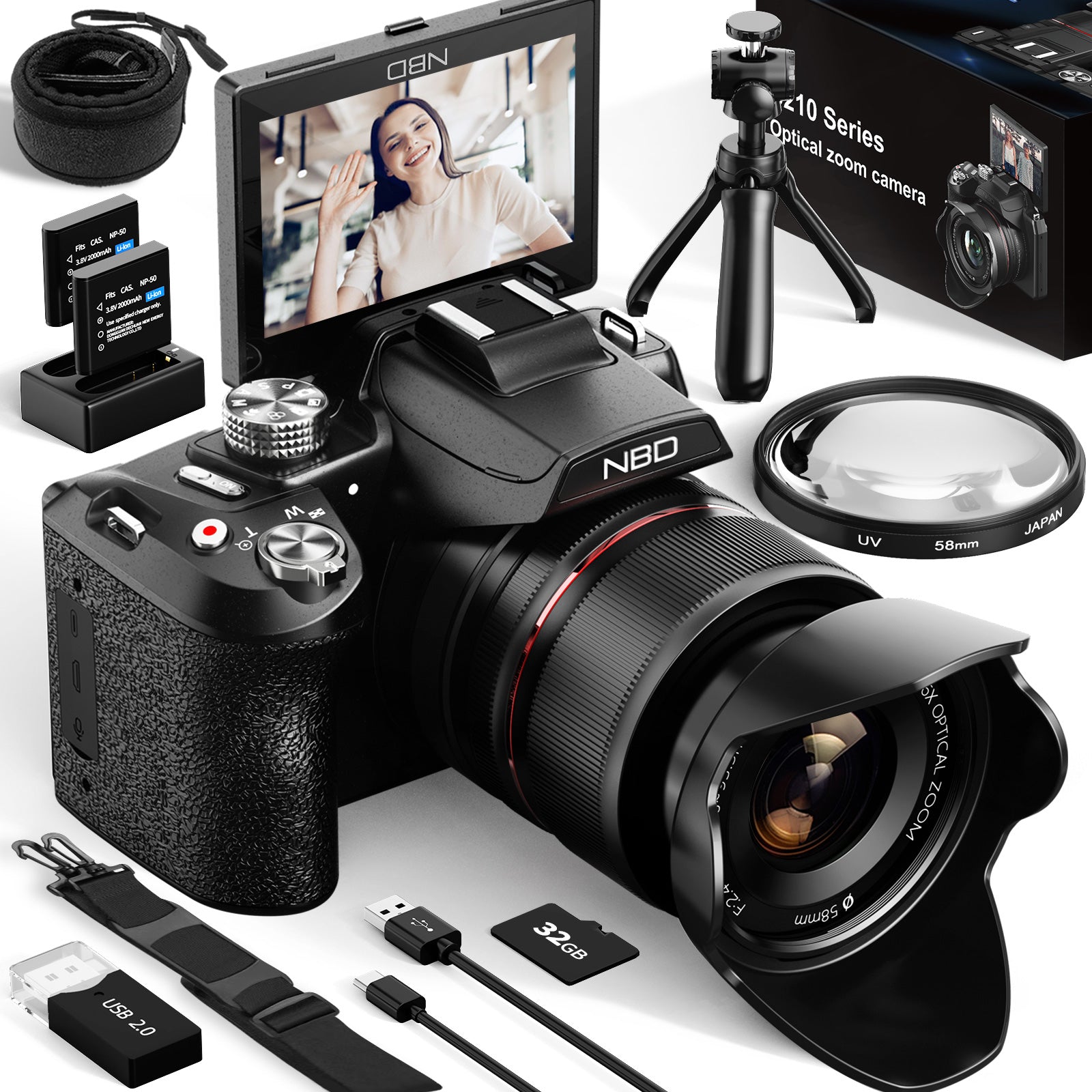 NBD 64MP Digital Cameras for Photography,5K Vlogging Cameras for Youtube,16X Optical Zoom Travel Point and Shoot Digital Cameras Fotograficas with 180°Flip Screen,58mm UV Lens,2 Batteries,32GB Card