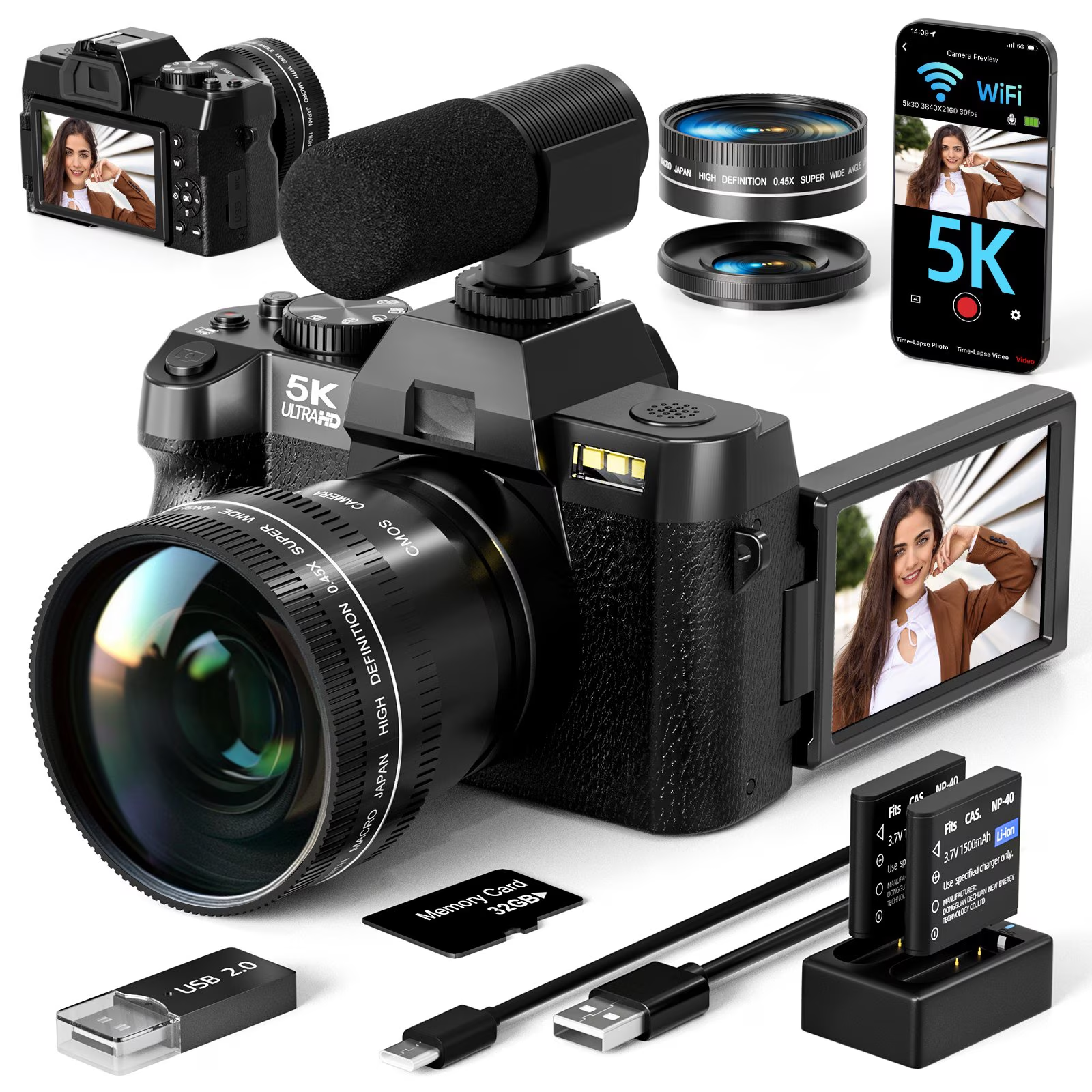HHD 5K 48MP Autofocus Digital Vlogging Camera,180° Flip Screen,WiFi,16X Zoom,Wide Macro Lens,32GB TF Card & Full Accessory Kit,Black