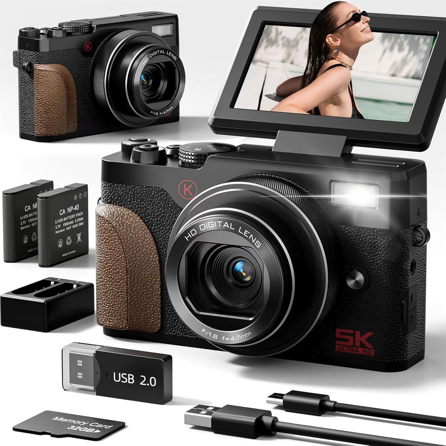 64MP 5K Autofocus Digital Vlogging Camera,180° Flip Screen,18X Digital Zoom,Built-in Fill Light,2 Batteries & 32GB SD Card,Black