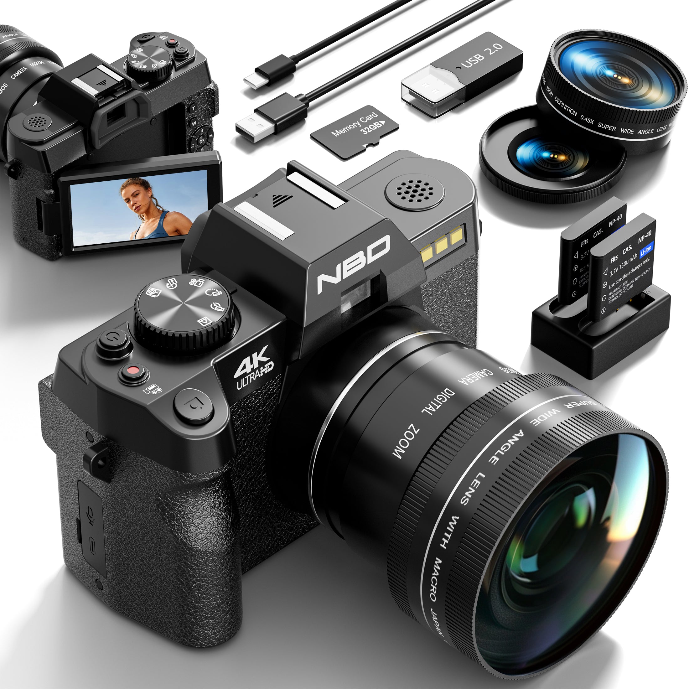 NBD 48MP 4K Digital Camera with 16X Zoom, WiFi App Control, Flip Screen, 2 Batteries & 32GB Card
