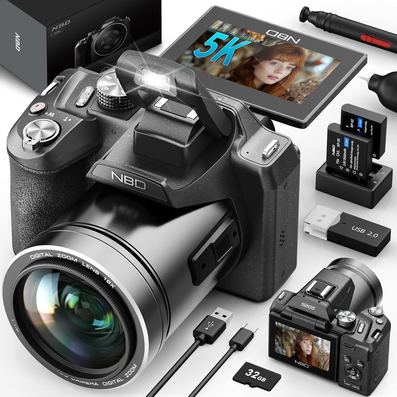 NBD 64MP 5K Autofocus Digital Camera with WiFi and App Control, 16X Zoom, Anti-Shake, and Flash – Compact Vlogging and Travel Camera with SD Card and 2 Batteries