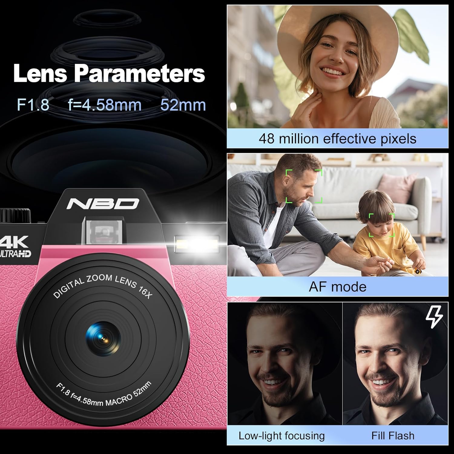 NBD 4K Digital Camera for Photography, 48MP Autofocus Vlogging Camera for YouTube with 32GB TF Card