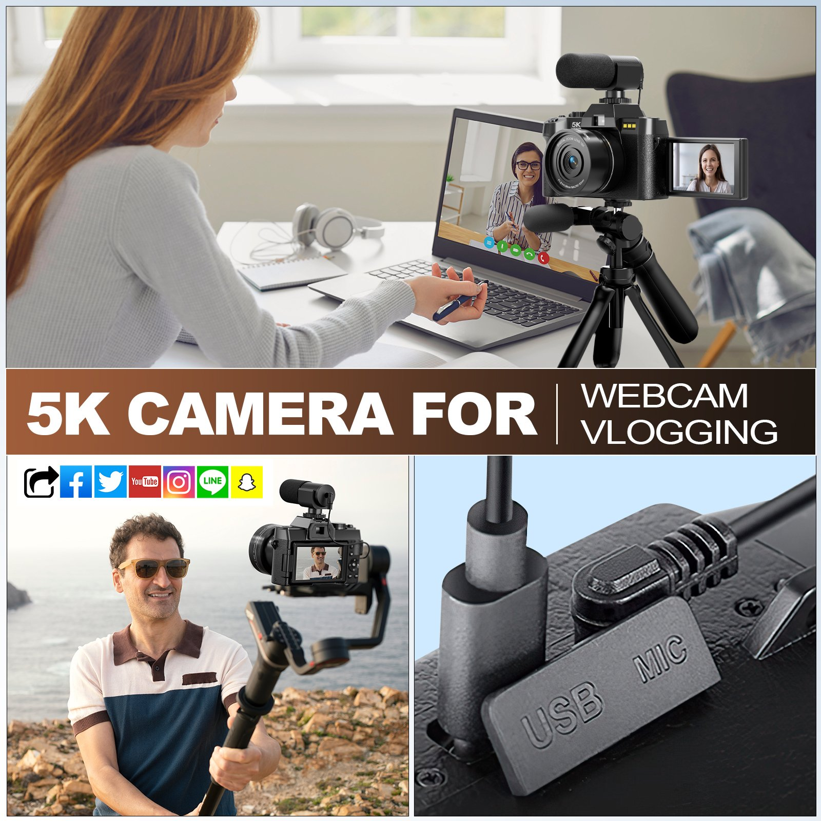 HHD 5K 48MP Autofocus Digital Vlogging Camera,180° Flip Screen,WiFi,16X Zoom,Wide Macro Lens,32GB TF Card & Full Accessory Kit,Black