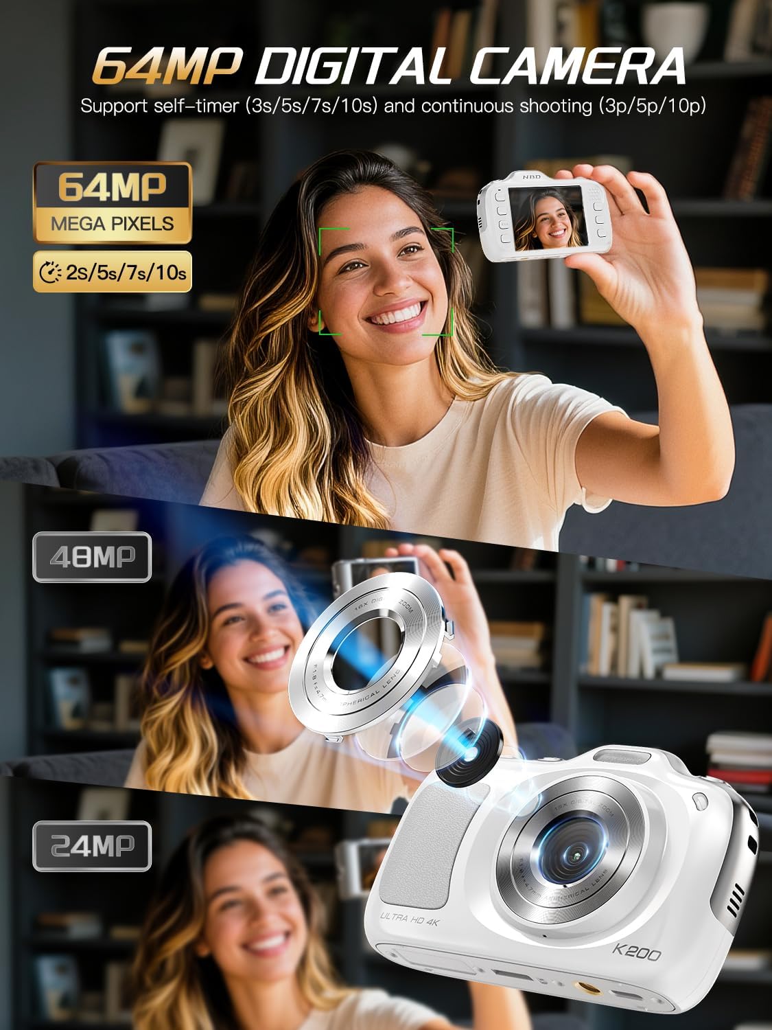 True 4K Digital Camera with Beauty Mode, 64MP Vlogging Camera for Beginners,16X Zoom, Anti-Shake & Autofocus, 32GB Card, 120g Ultra Compact Portable Cameras for Photography (White)