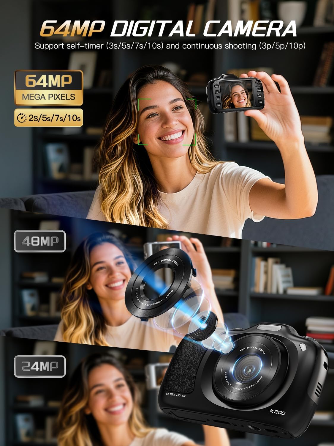 64MP 4K Digital Camera for Photography with Autofocus, 16X Zoom, Compact Design, Includes 32GB SD Card,Black