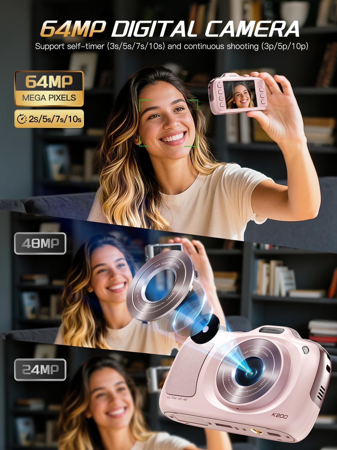 64MP 4K Digital Camera for Photography with Autofocus, 16X Zoom, Compact Design, Includes 32GB SD Card,Pink
