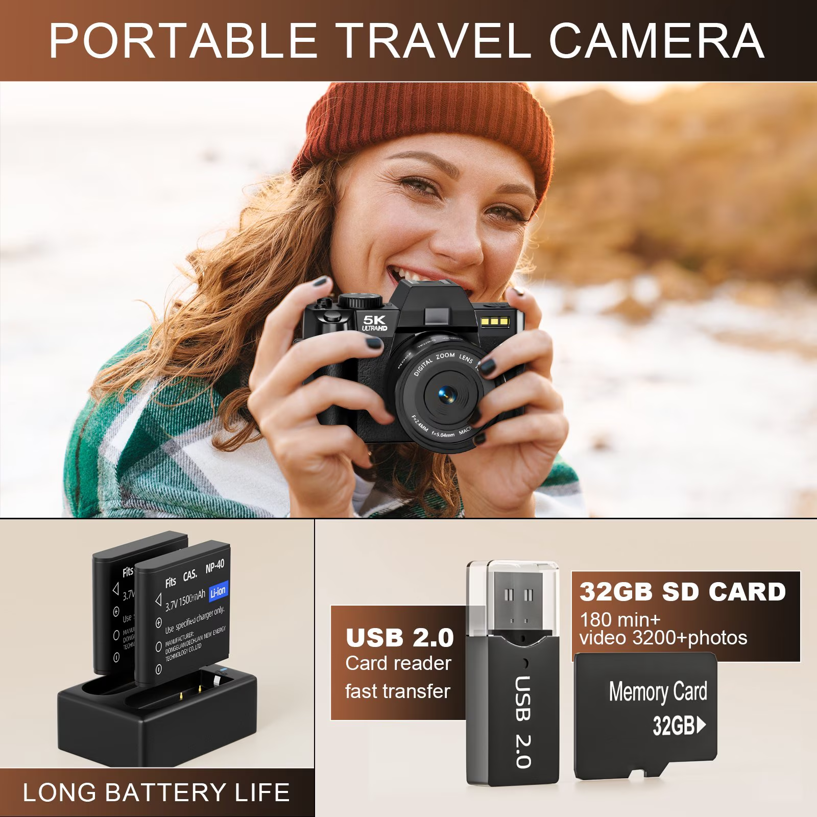 HHD 5K 48MP Autofocus Digital Vlogging Camera,180° Flip Screen,WiFi,16X Zoom,Wide Macro Lens,32GB TF Card & Full Accessory Kit,Black