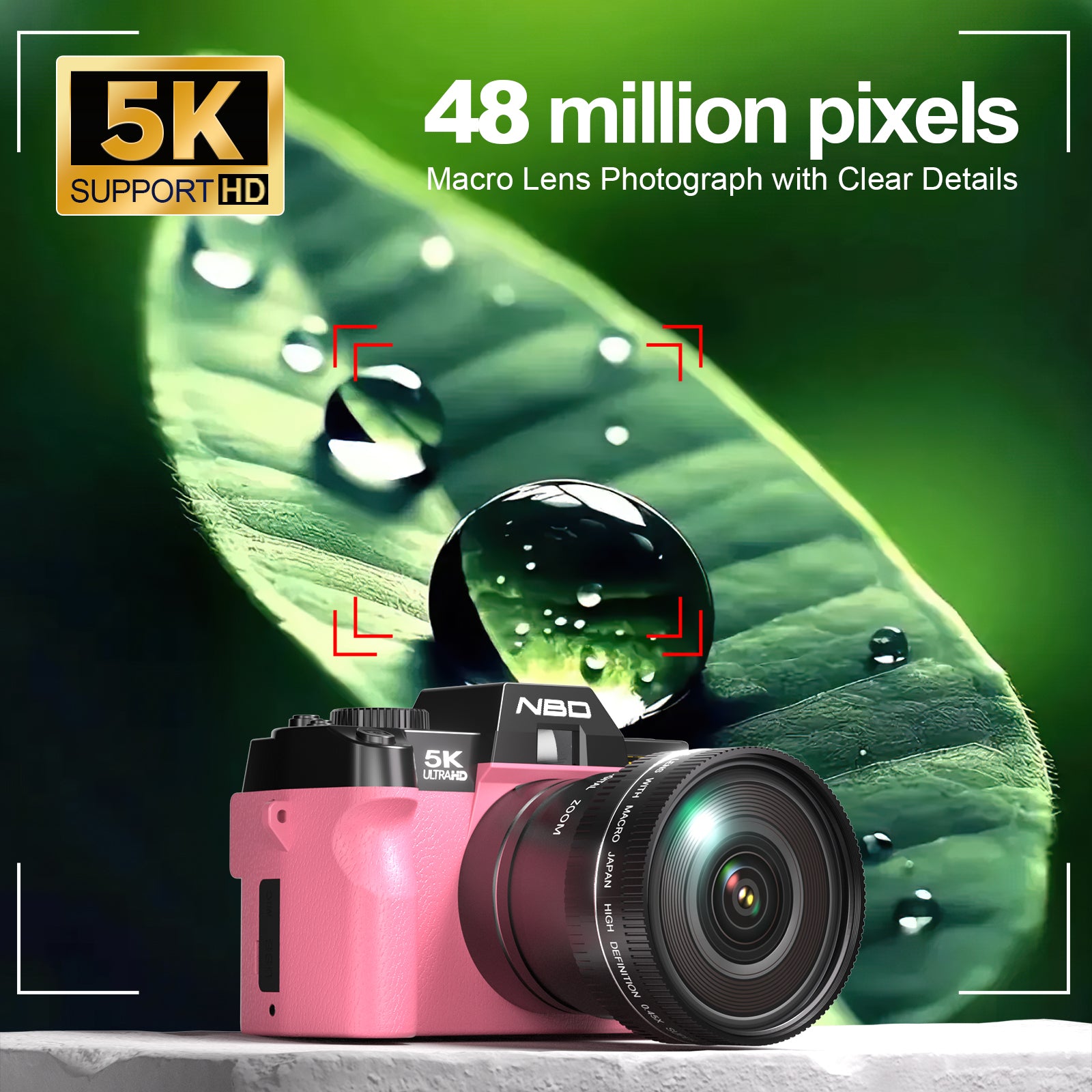 NBD 5K Digital Camera for Photography,48MP Autofocus Vlogging Camera for Youtube with 32GB TF Card,Pink