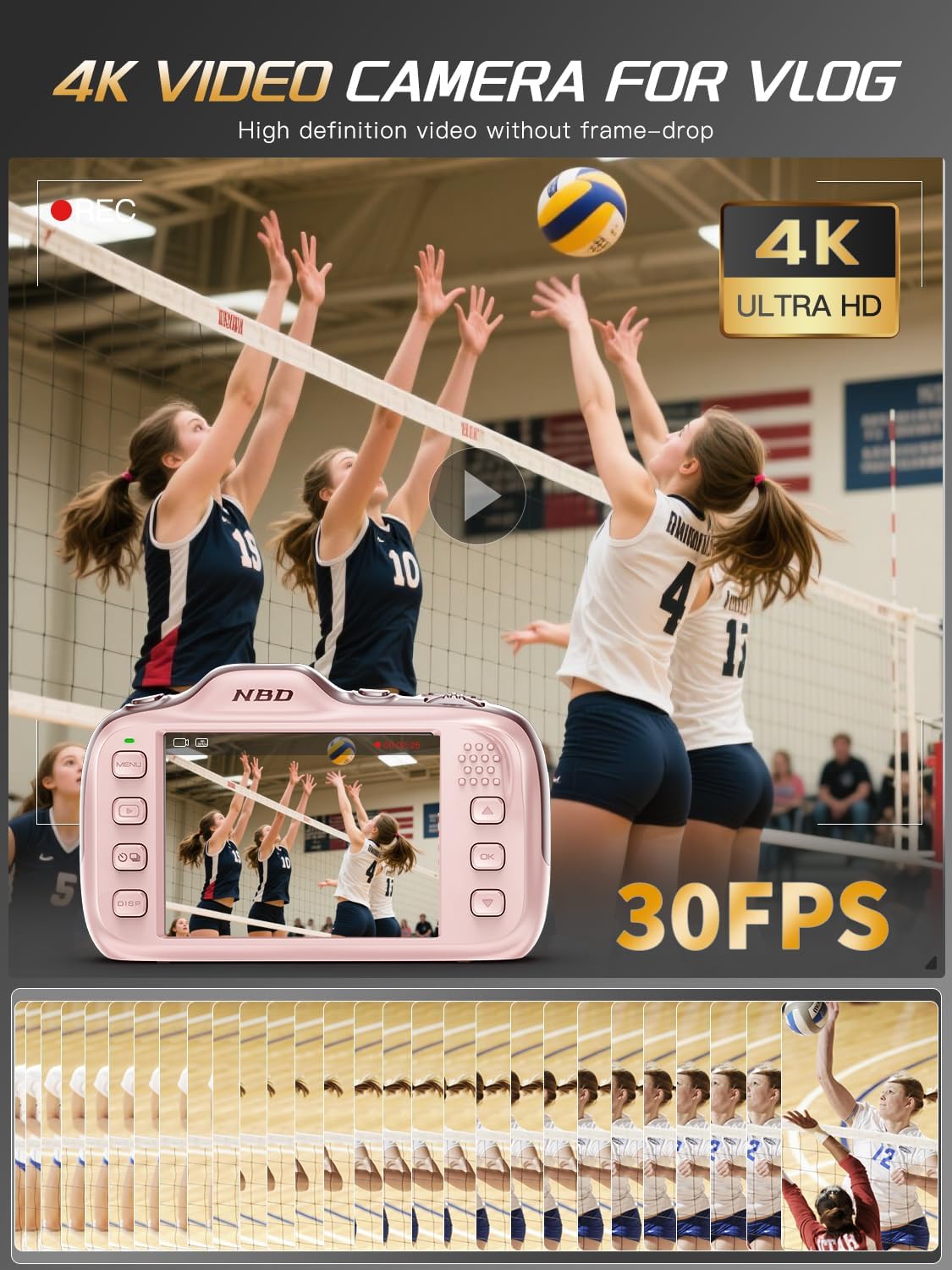 64MP 4K Digital Camera for Photography with Autofocus, 16X Zoom, Compact Design, Includes 32GB SD Card,Pink