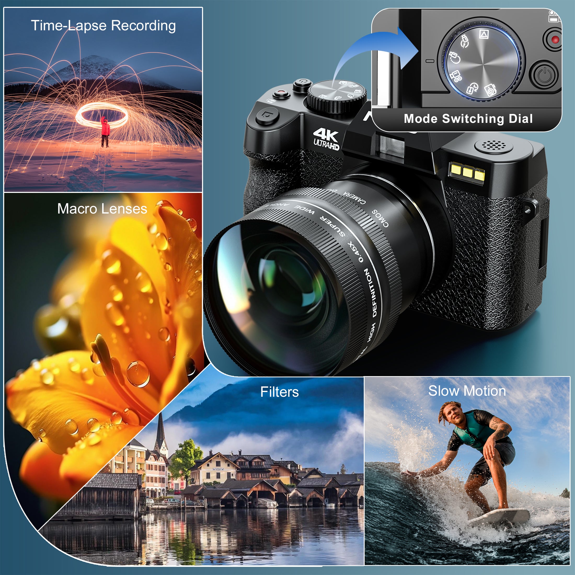 NBD 48MP 4K Digital Camera with 16X Zoom, WiFi App Control, Flip Screen, 2 Batteries & 32GB Card