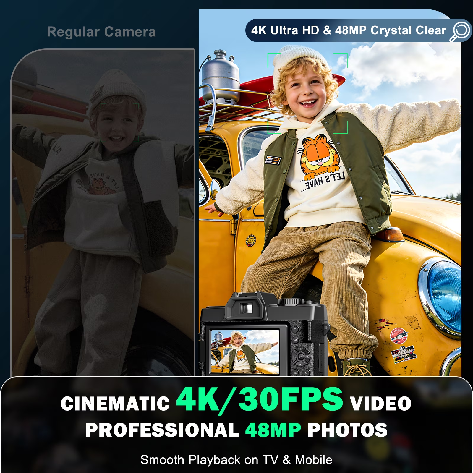 HHD 4K 48MP Digital Vlogging Camera,180° Flip Screen,16X Zoom,WiFi,2 Batteries,32GB TF Card & Full Accessories