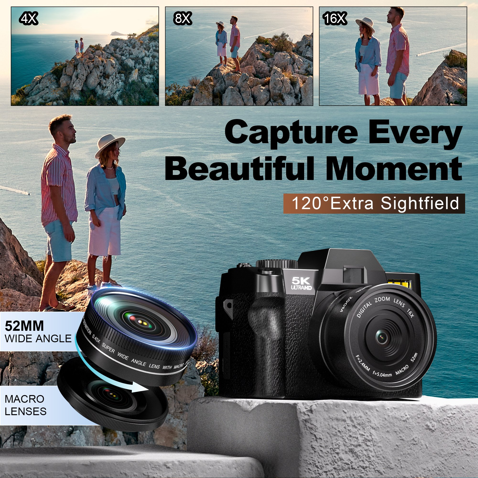 HHD 5K 48MP Autofocus Digital Vlogging Camera,180° Flip Screen,WiFi,16X Zoom,Wide Macro Lens,32GB TF Card & Full Accessory Kit,Black