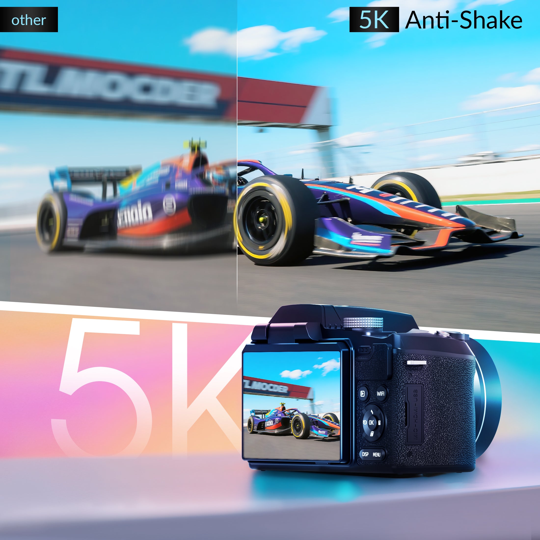 NBD 64MP 5K Autofocus Digital Camera with WiFi and App Control, 16X Zoom, Anti-Shake, and Flash – Compact Vlogging and Travel Camera with SD Card and 2 Batteries