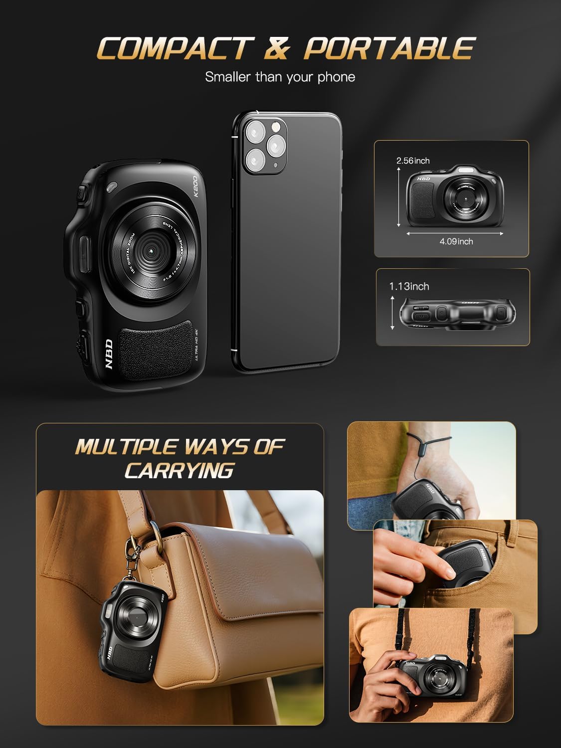 64MP 4K Digital Camera for Photography with Autofocus, 16X Zoom, Compact Design, Includes 32GB SD Card,Black