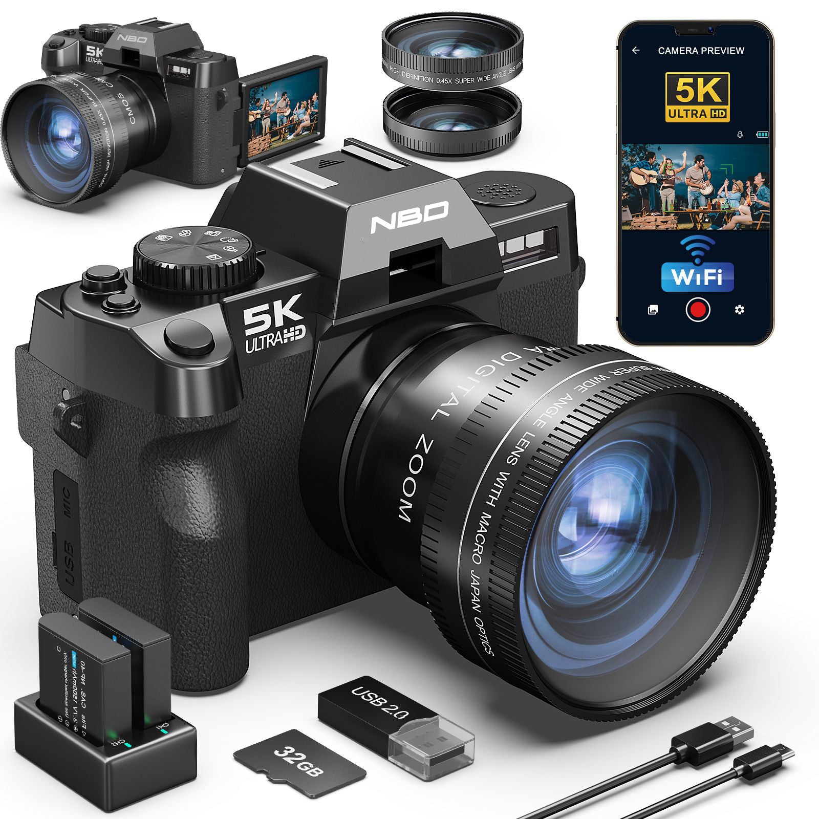 NBD 5K Ultra HD 48MP Digital Camera with Wide Angle & Macro Lens, 16X