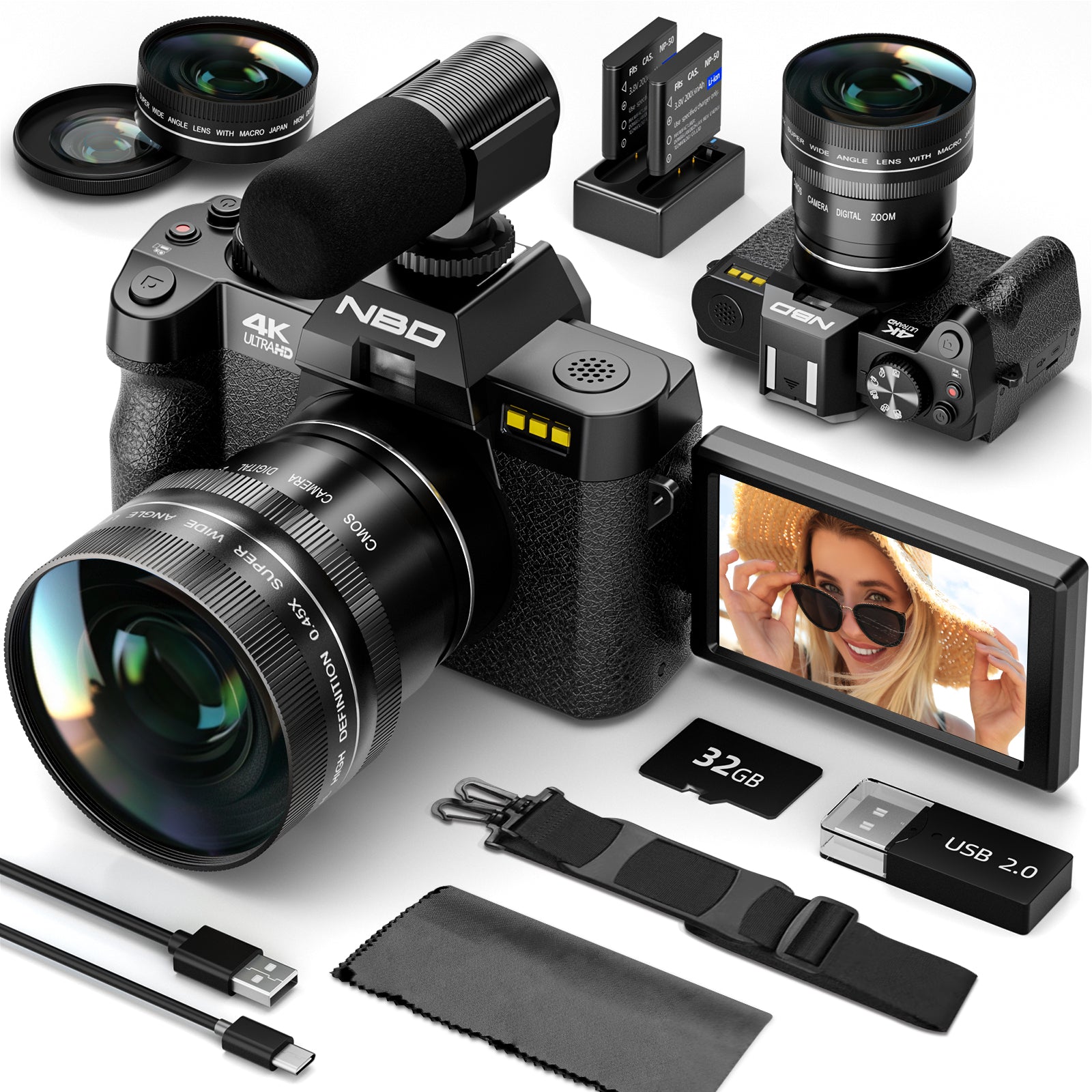 NBD 48MP 4K Digital Camera with 16X Zoom, WiFi App Control, Flip Screen, 2 Batteries & 32GB Card