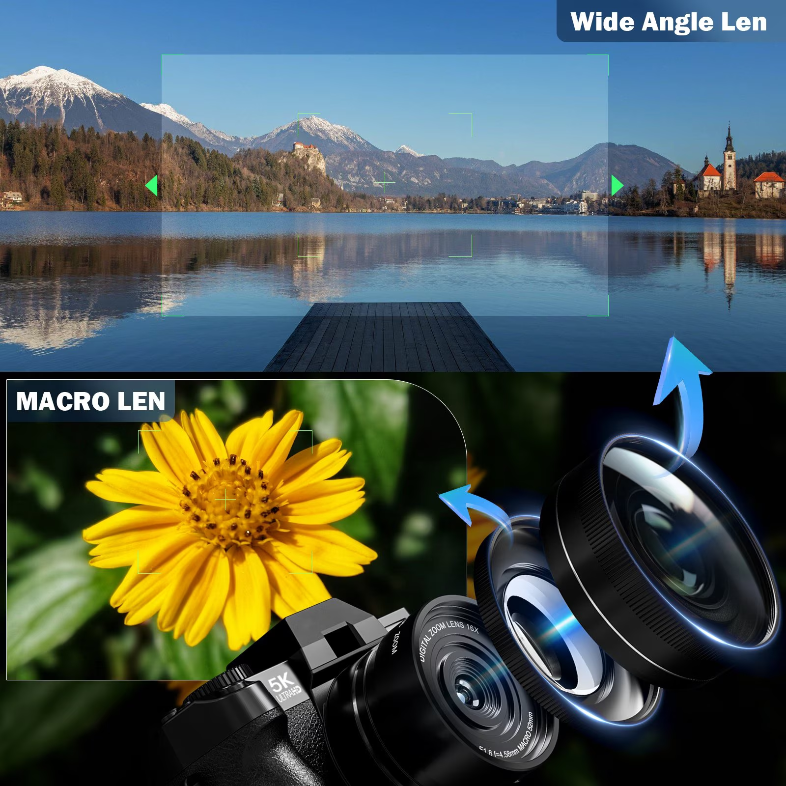 True 5K 48MP Autofocus Digital Vlogging Camera,180° Flip Screen,WiFi,16X Zoom,Anti-Shake,Wide & Macro Lens,64GB TF Card,Black