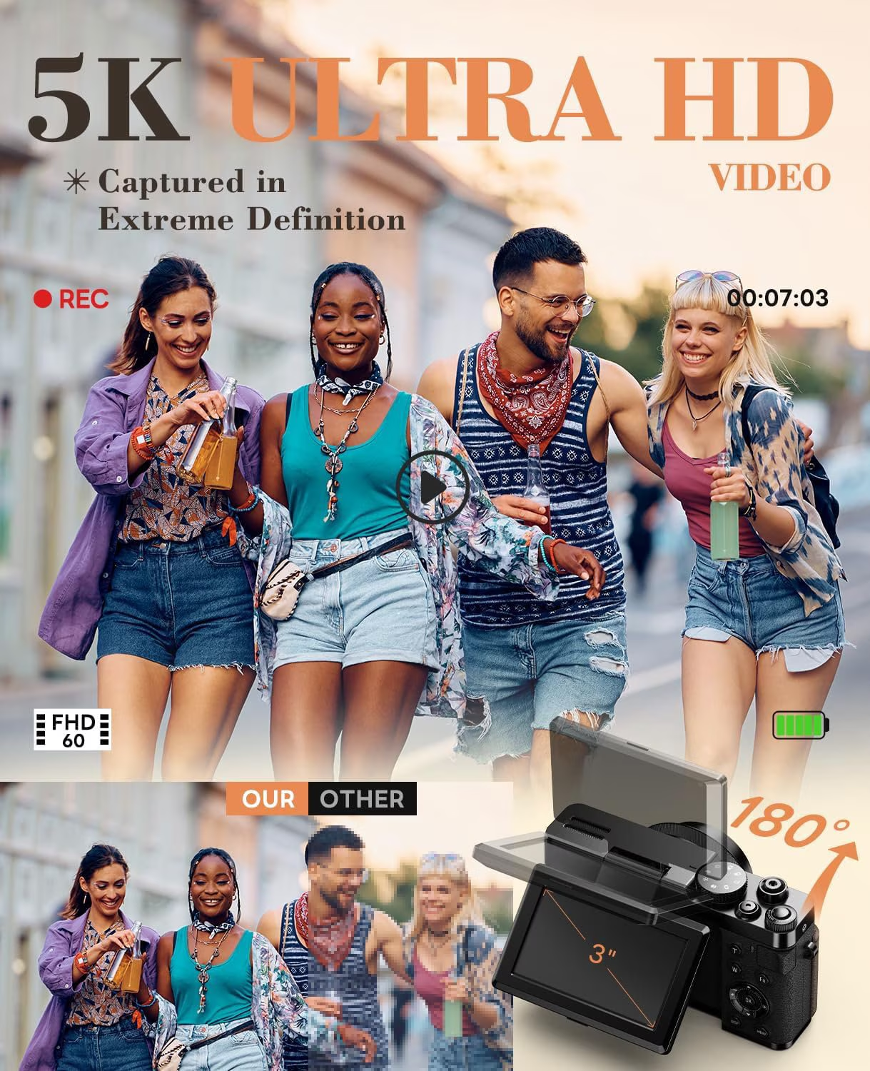 64MP 5K Autofocus Digital Vlogging Camera,180° Flip Screen,18X Digital Zoom,Built-in Fill Light,2 Batteries & 32GB SD Card,Black